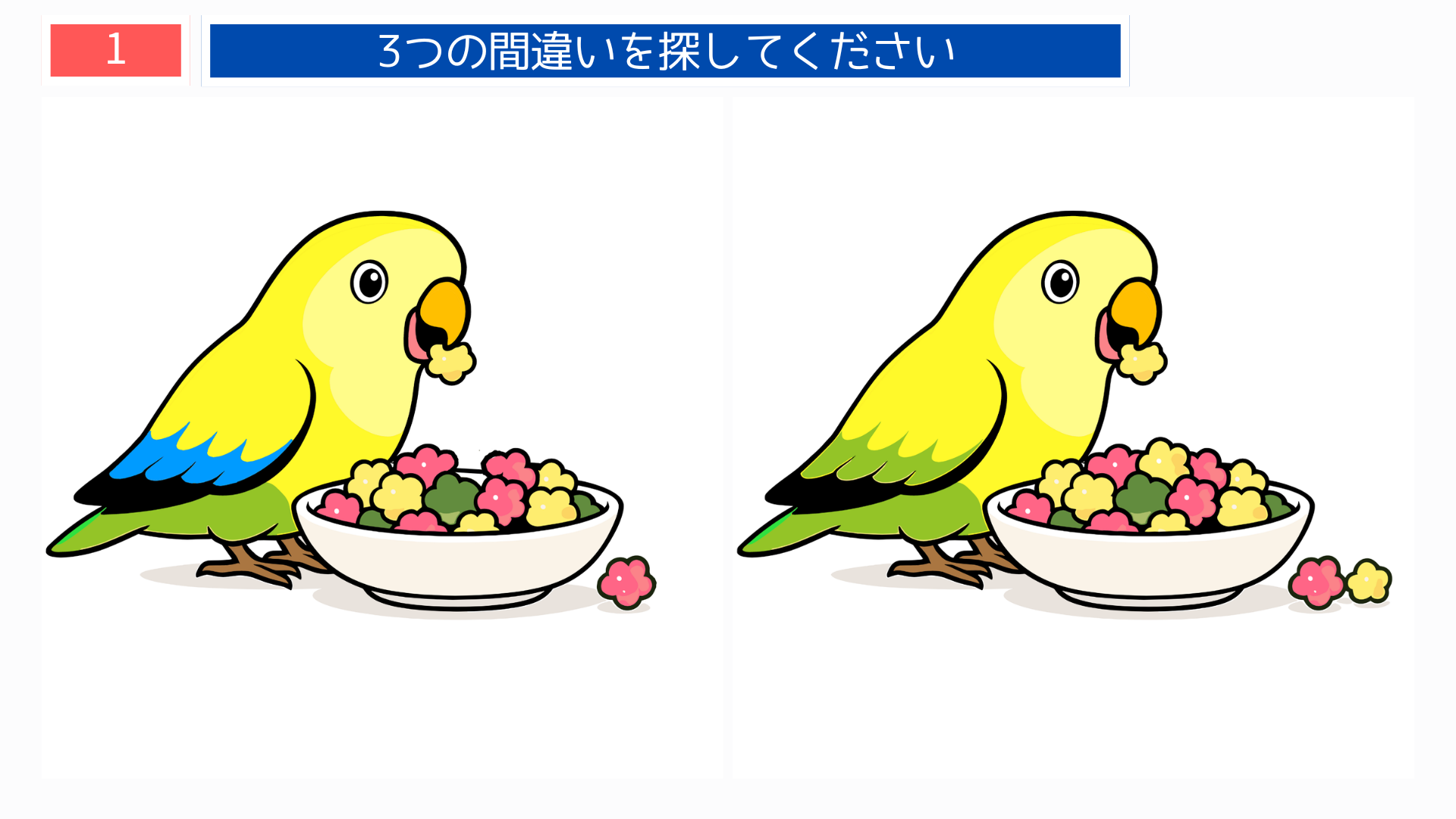 間違い探し無料プリント インコがエサをついばむかわいいイラストの問題画像