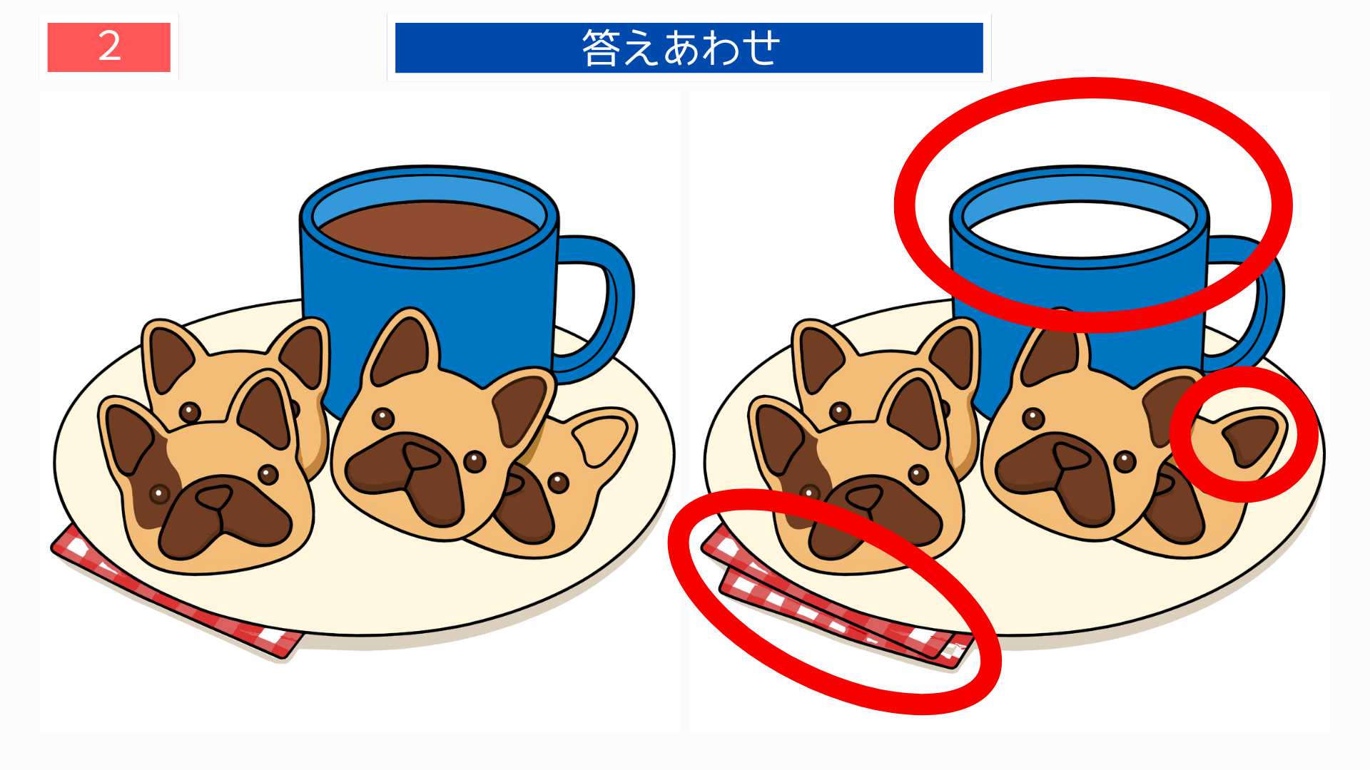 間違い探し無料プリント 犬のクッキーとカップの違いが分かる答え画像