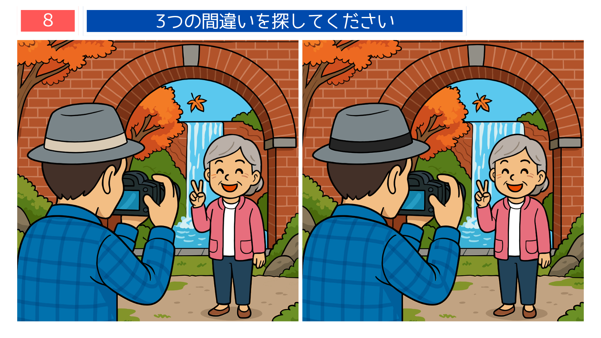 間違い探し高齢者 京都の自然と滝を背景にした間違い探し問題