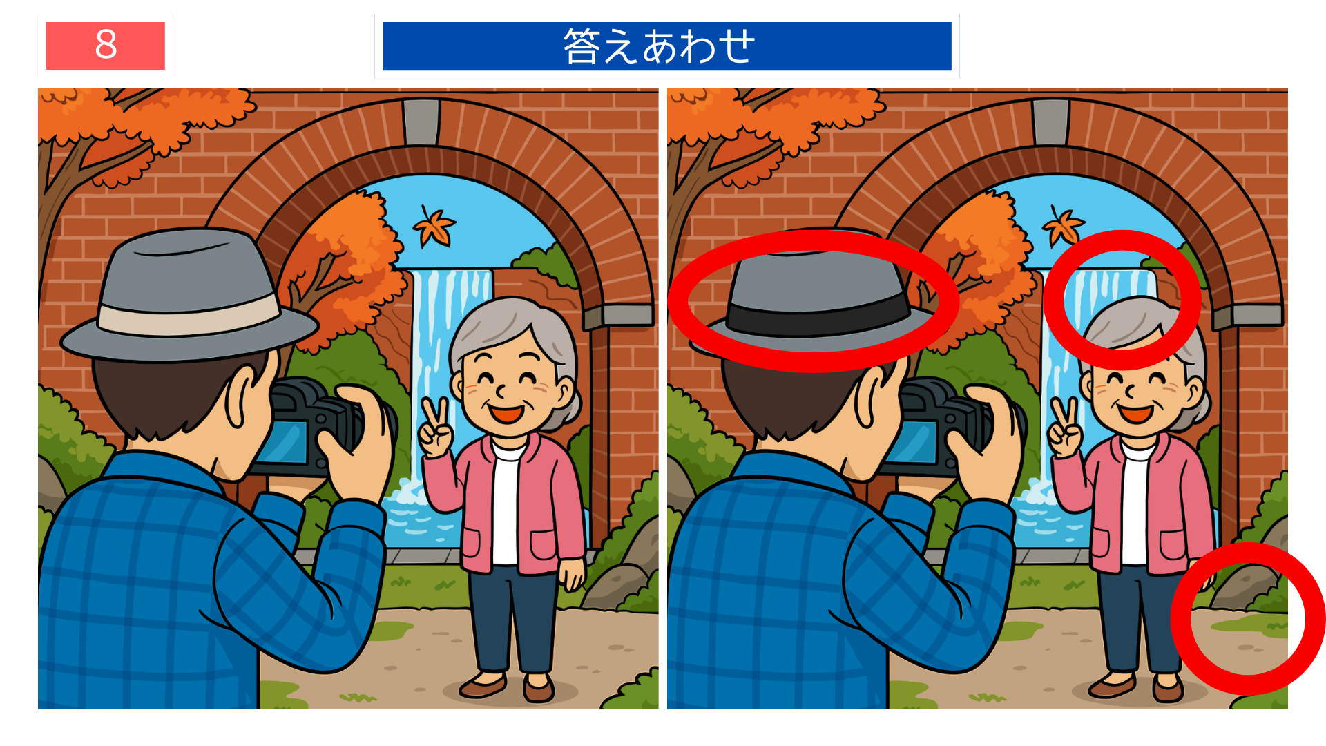 間違い探し無料印刷 人物や背景の違いが分かる答え画像