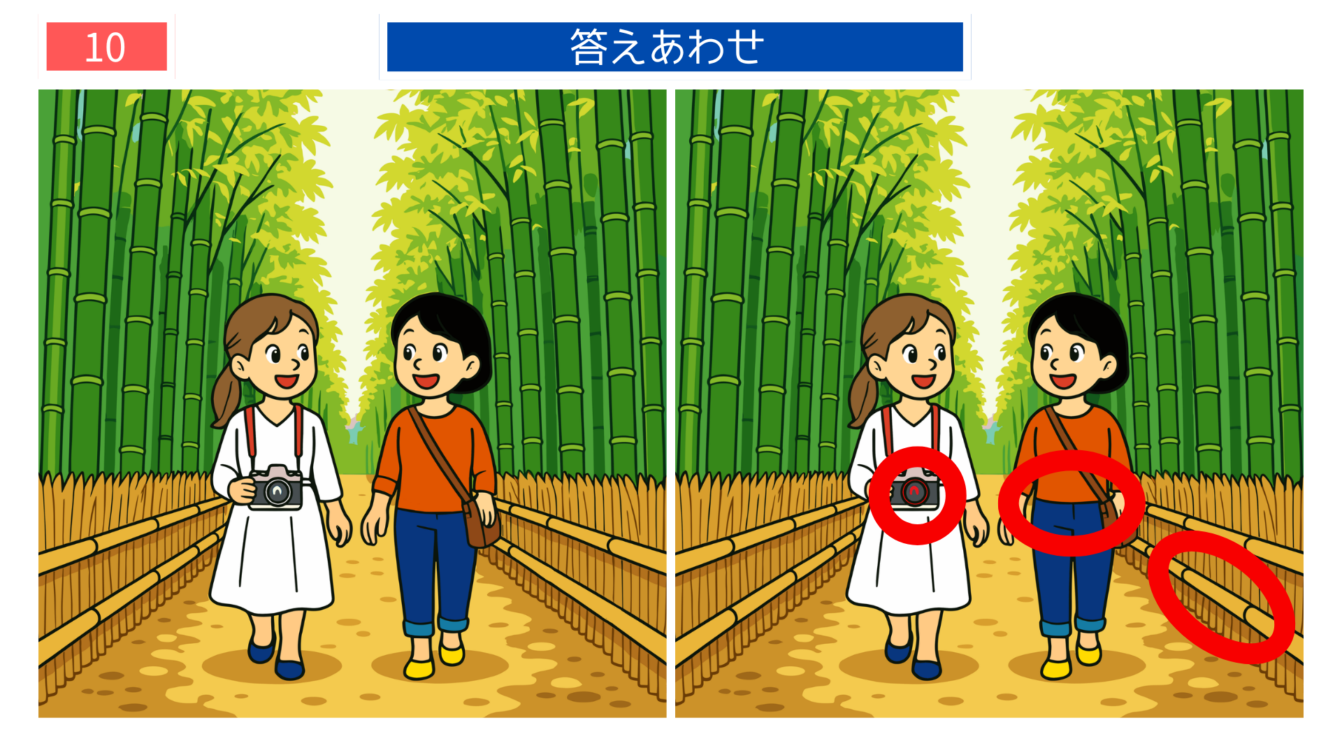 間違い探し プリント 高齢者 竹林の道と人物の違いが分かる答え画像