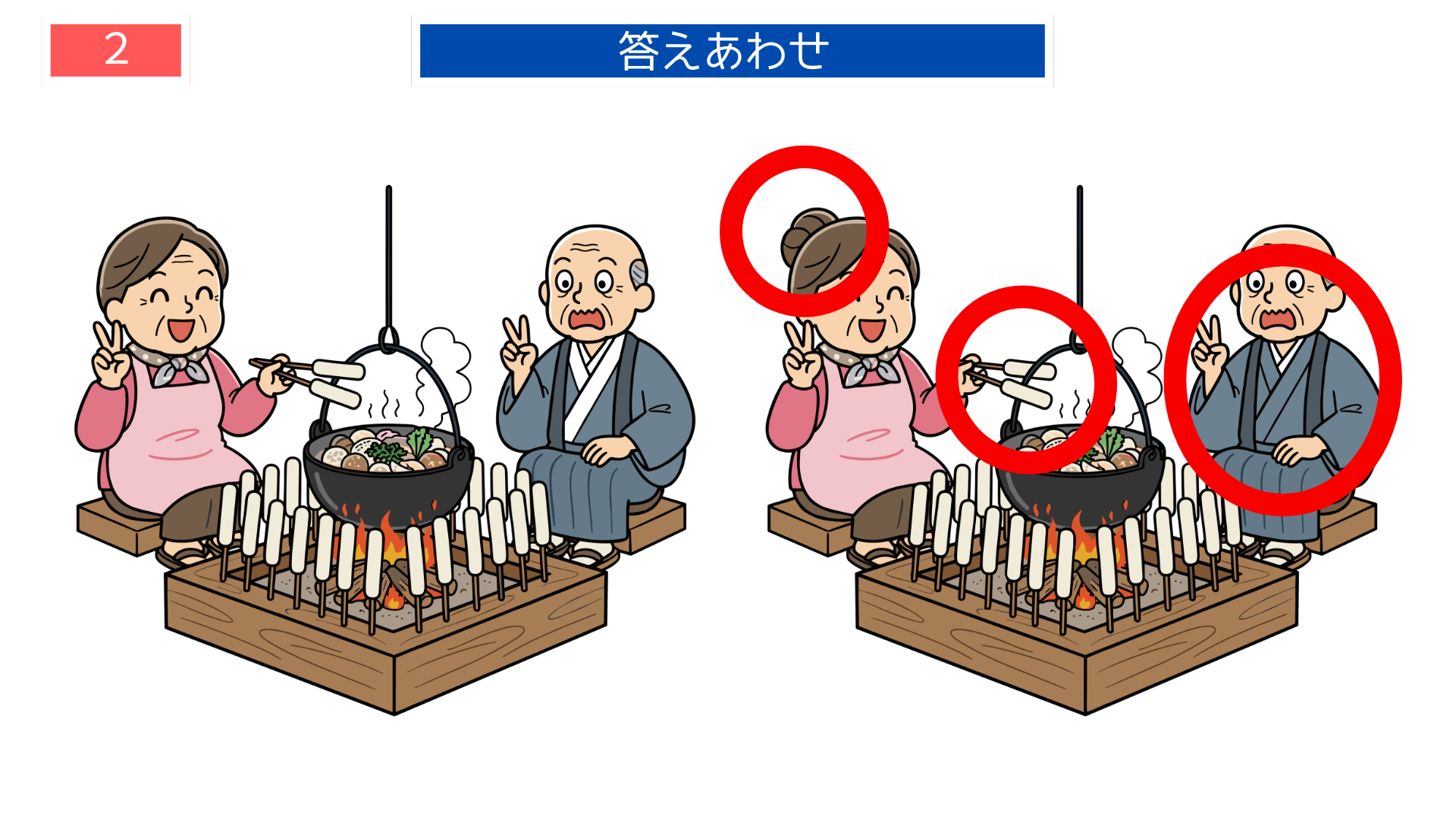 間違い探し無料印刷 囲炉裏や鍋の具材の違いが分かる答え画像