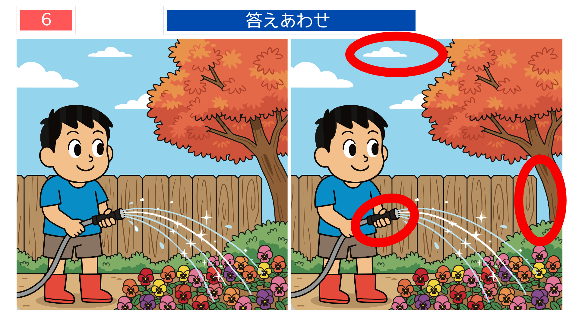間違い探し無料印刷 花壇の水やりシーン答えイラスト