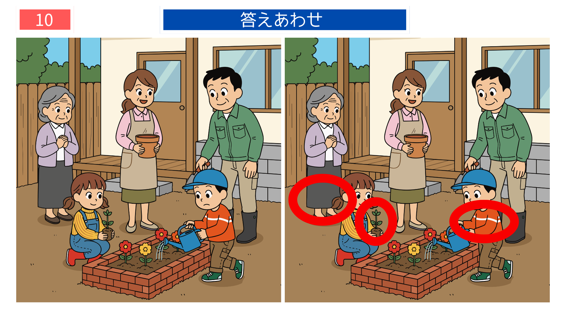 間違い探しプリント無料 花壇作業の間違い探し答え画像