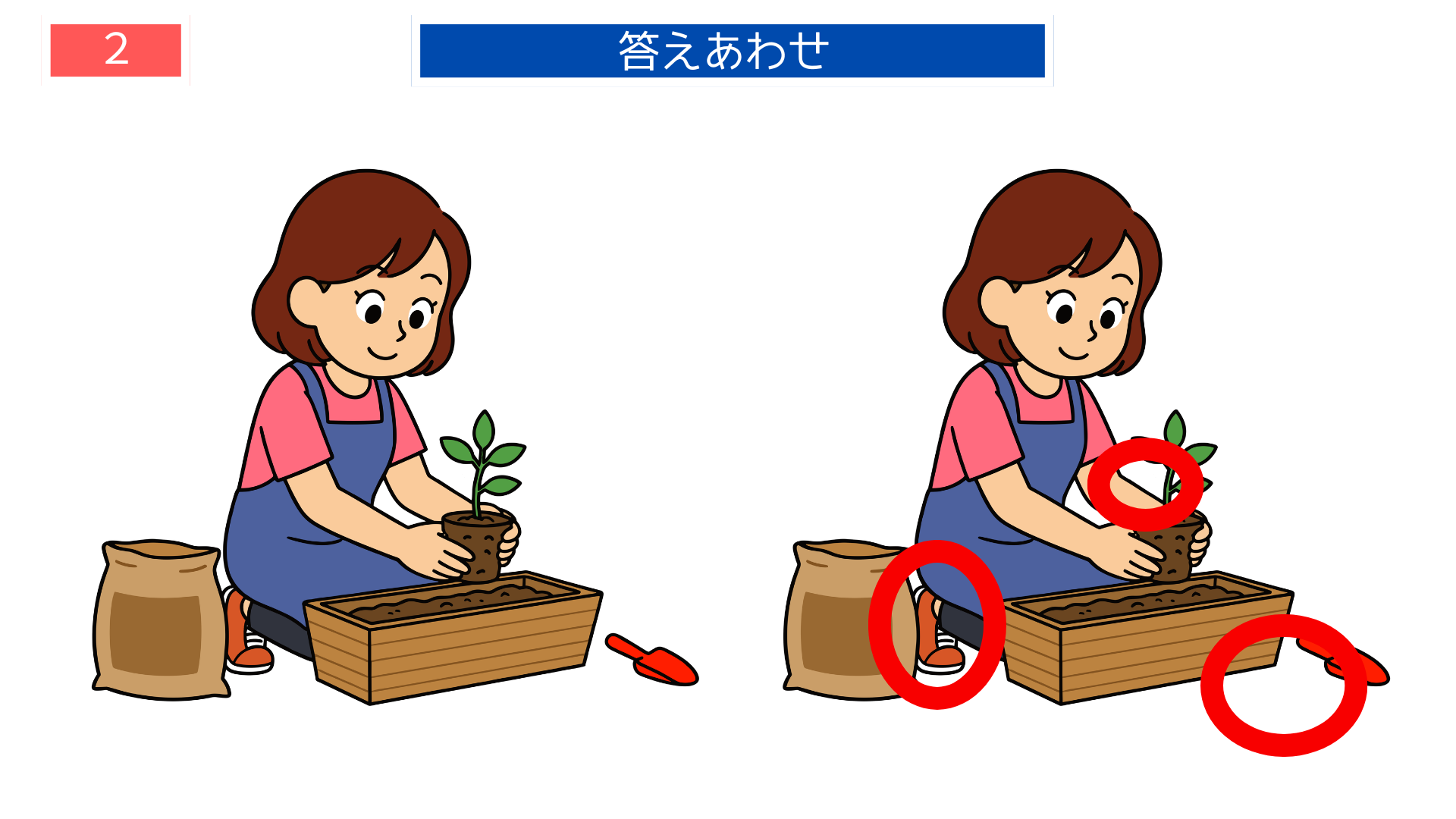 間違い探しプリント無料 プランター作業の違いが分かる答え画像