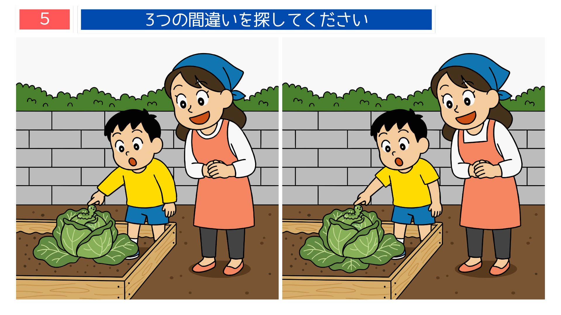 間違い探し無料プリント 秋野菜キャベツを育てる親子の園芸イラスト問題