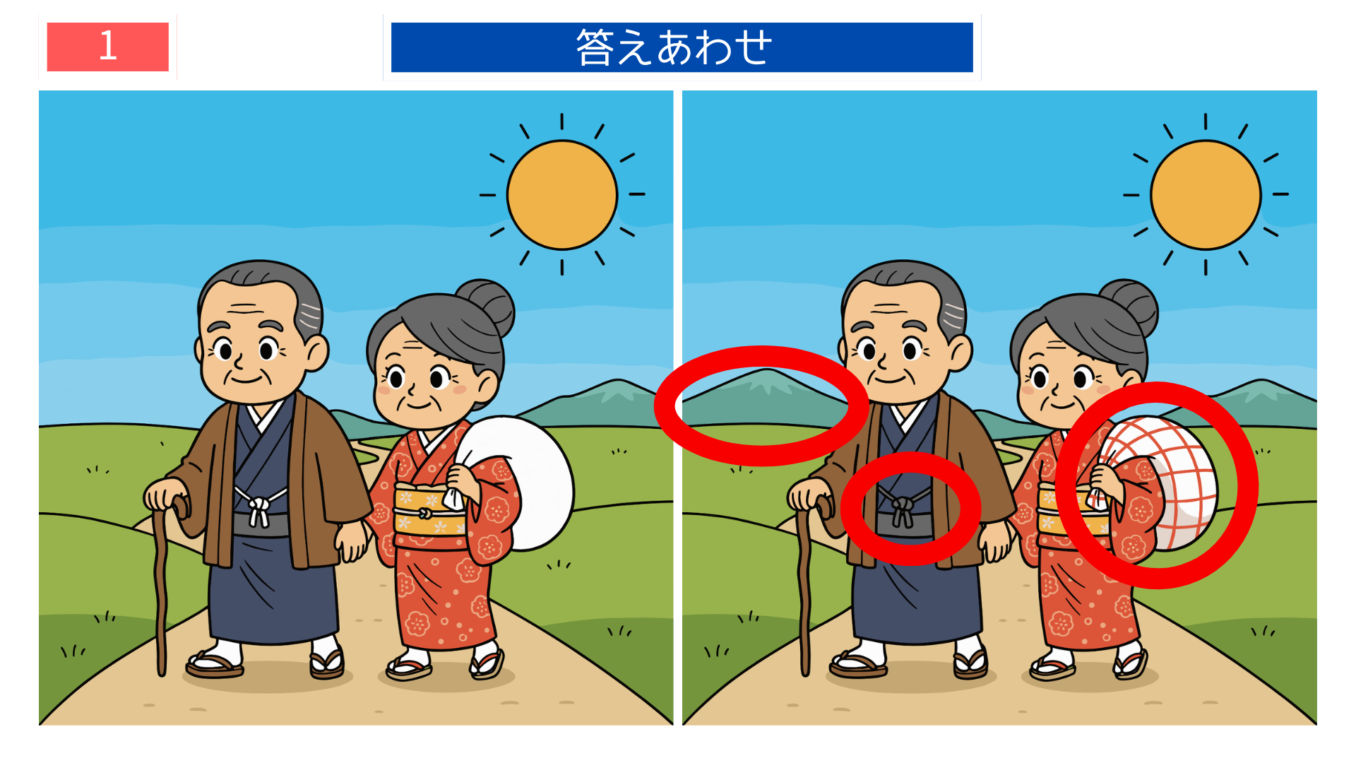間違い探し無料印刷 徒歩で旅をする昔の夫婦の間違い探し答え画像