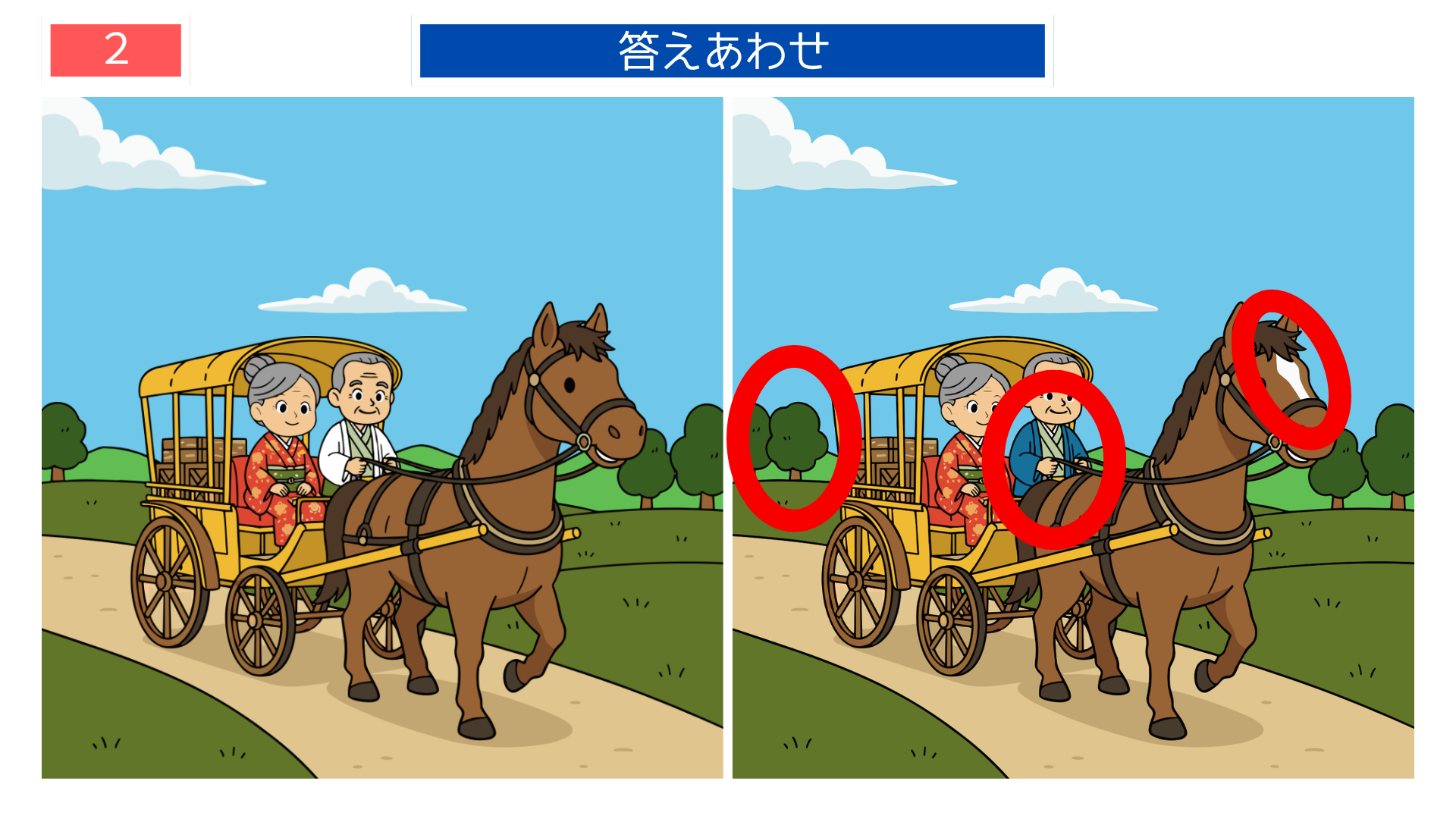 間違い探し無料簡単 馬車のある風景の違いが分かる答え画像