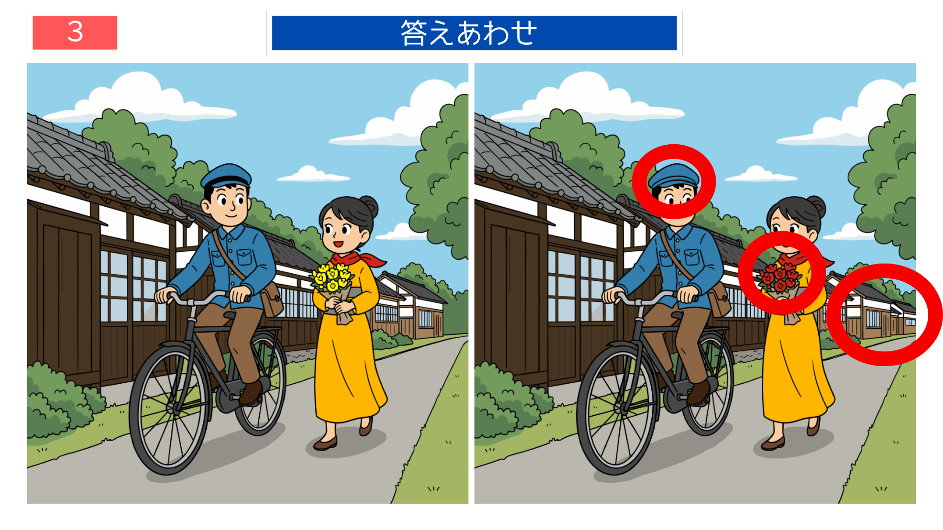 間違い探し脳トレ 自転車のある街並みの間違い探し答え