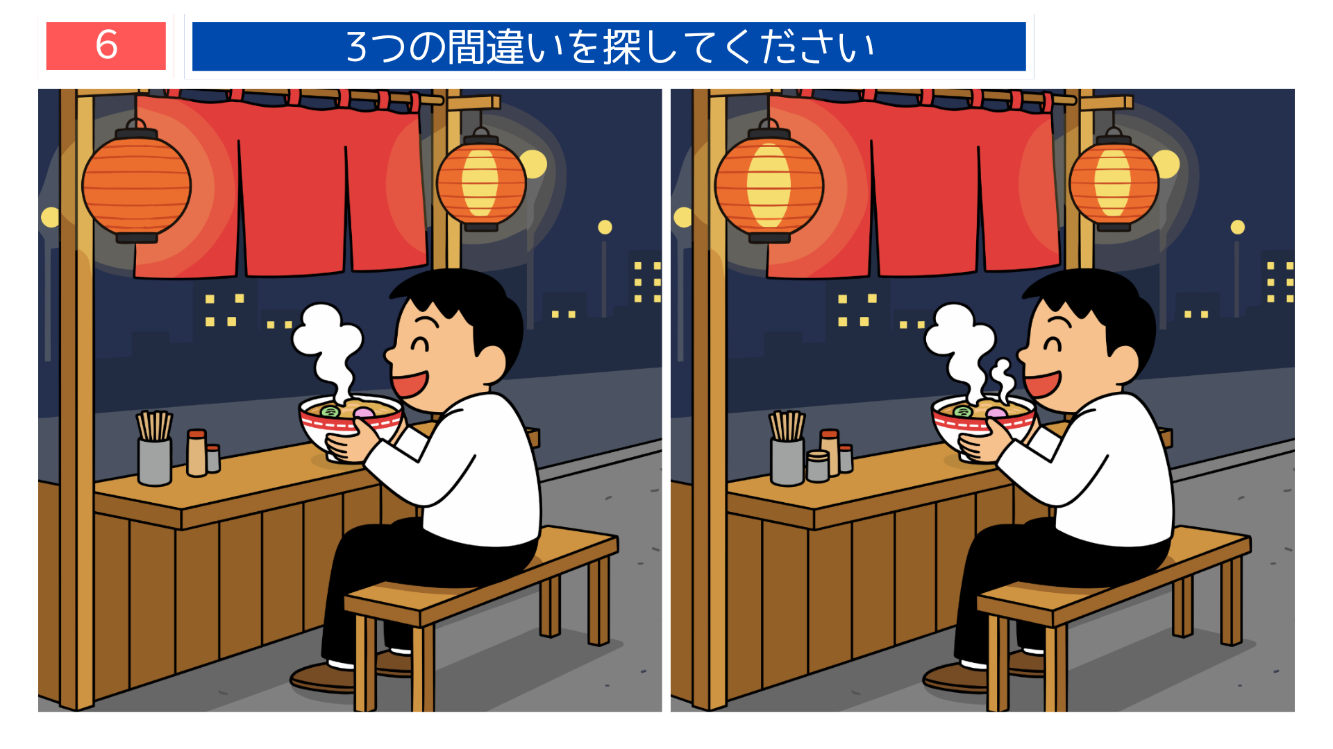 間違い探し無料プリント 夜の屋台でラーメンを食べる男性の問題画像