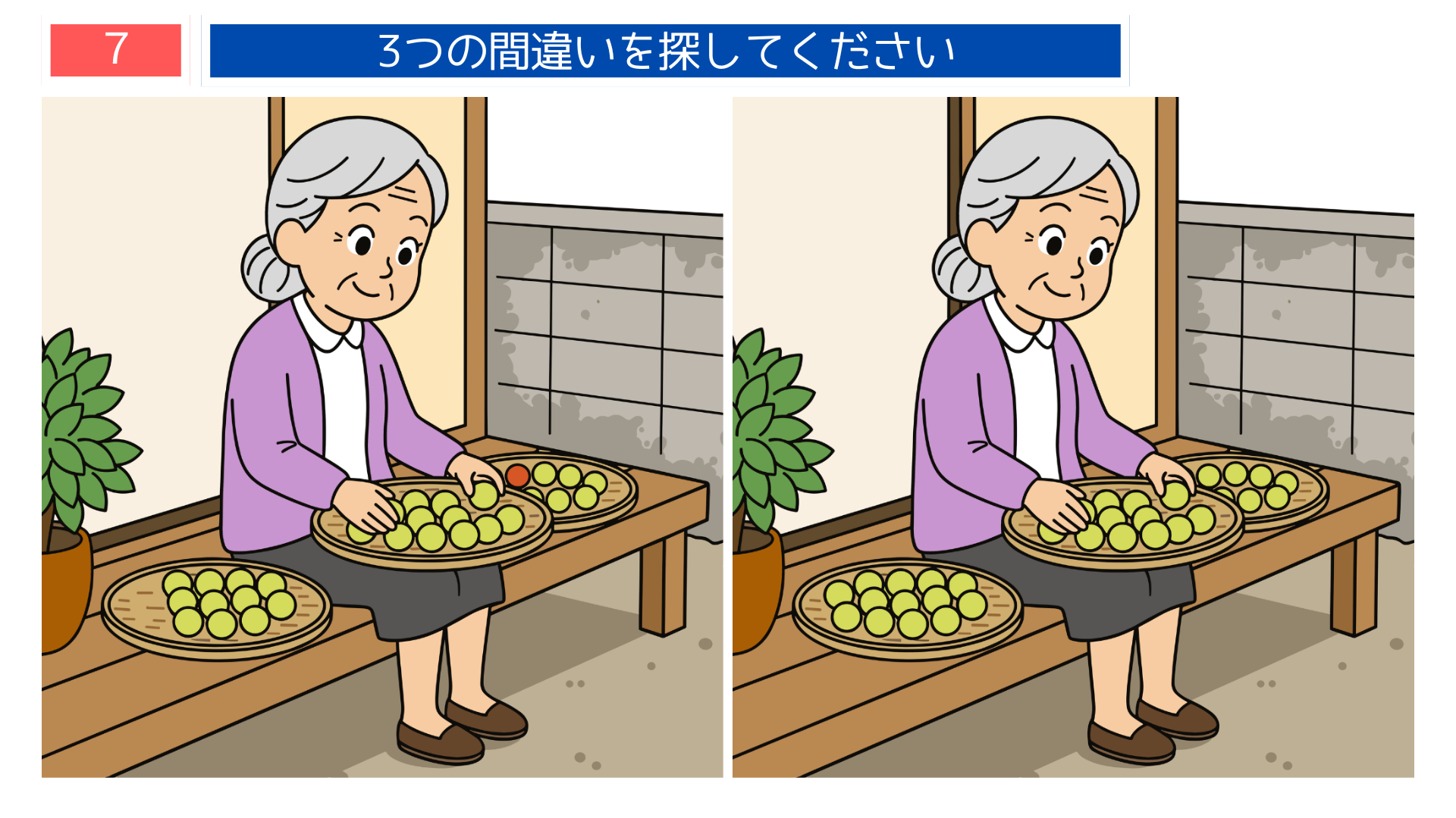 間違い探し無料プリント 縁側で梅干しを干す高齢女性の問題画像