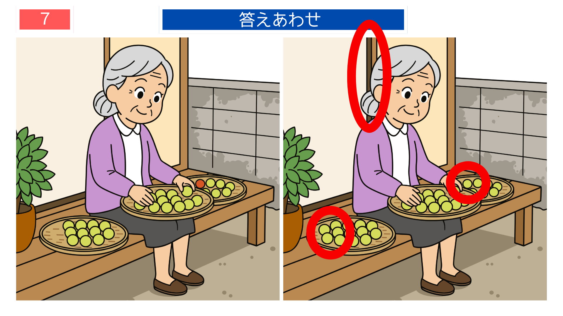 間違い探し高齢者 梅干しの数や配置が違う答え画像