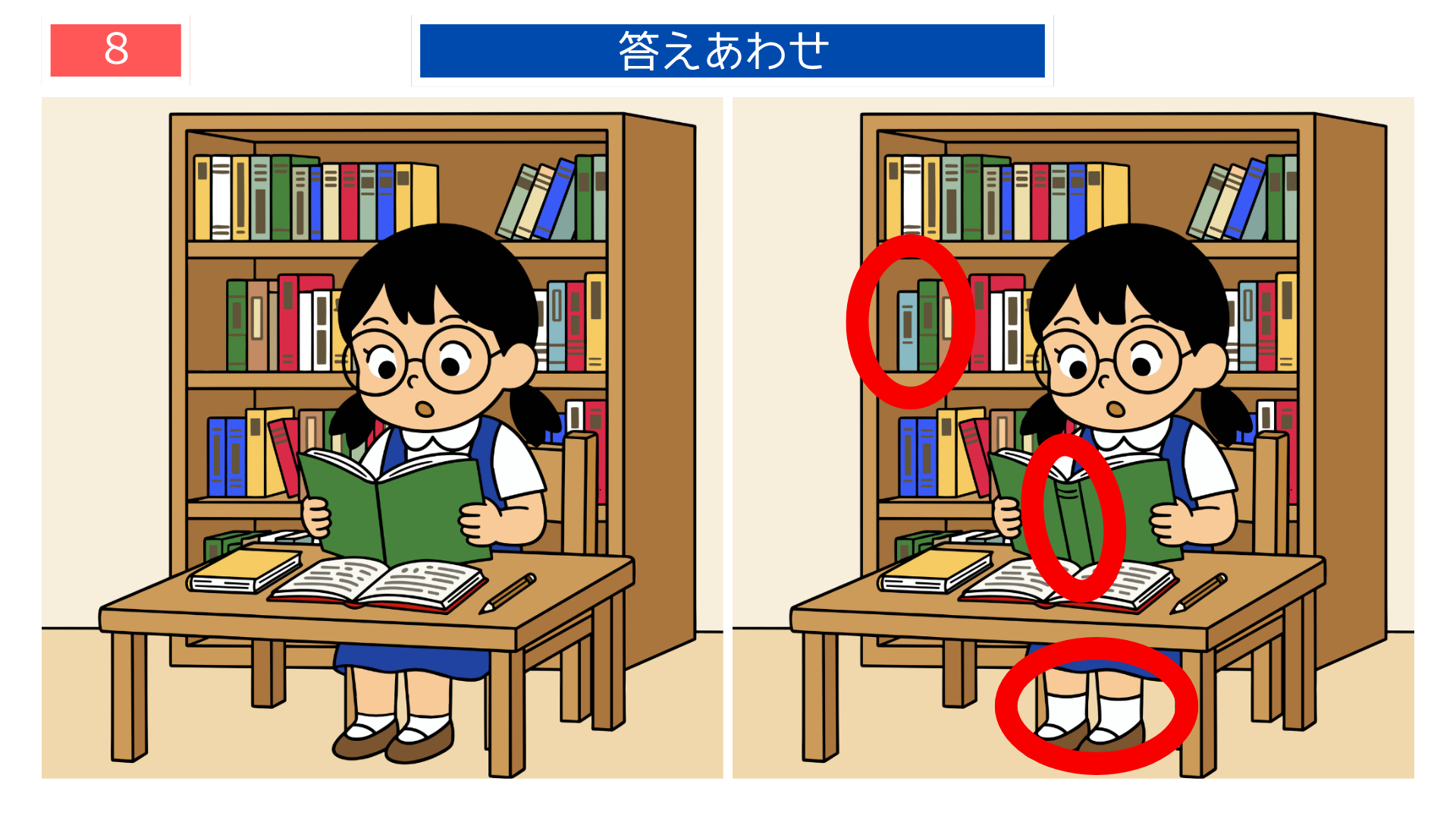 間違い探し無料簡単 本や文房具が違う間違い探し答え画像