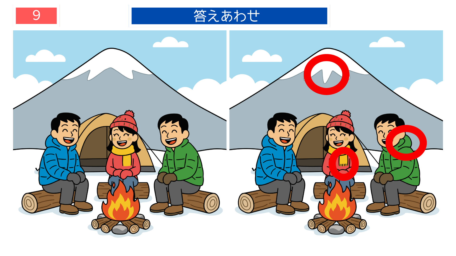 間違い探し脳トレ 冬のキャンプ場の間違い探し答え画像