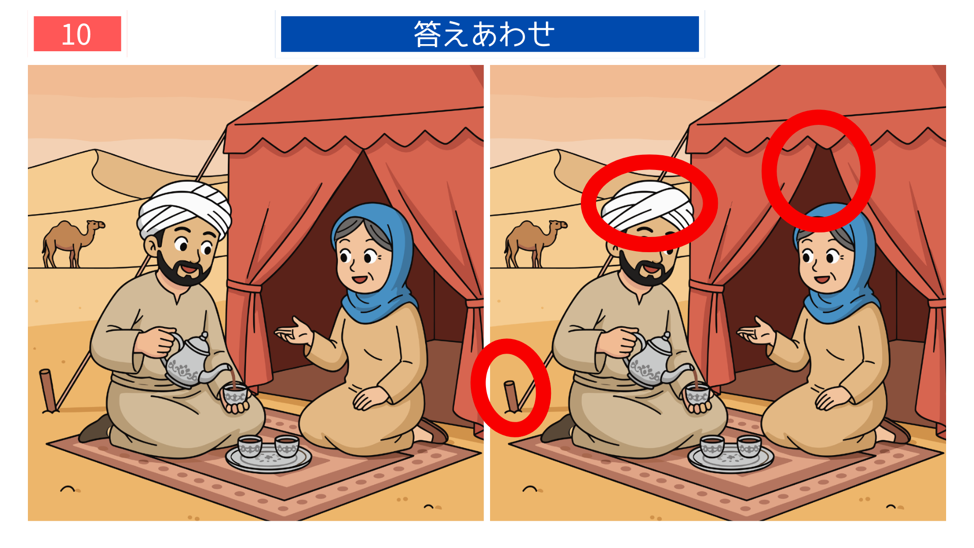 間違い探し無料印刷 テントや食器が違う間違い探し答え画像