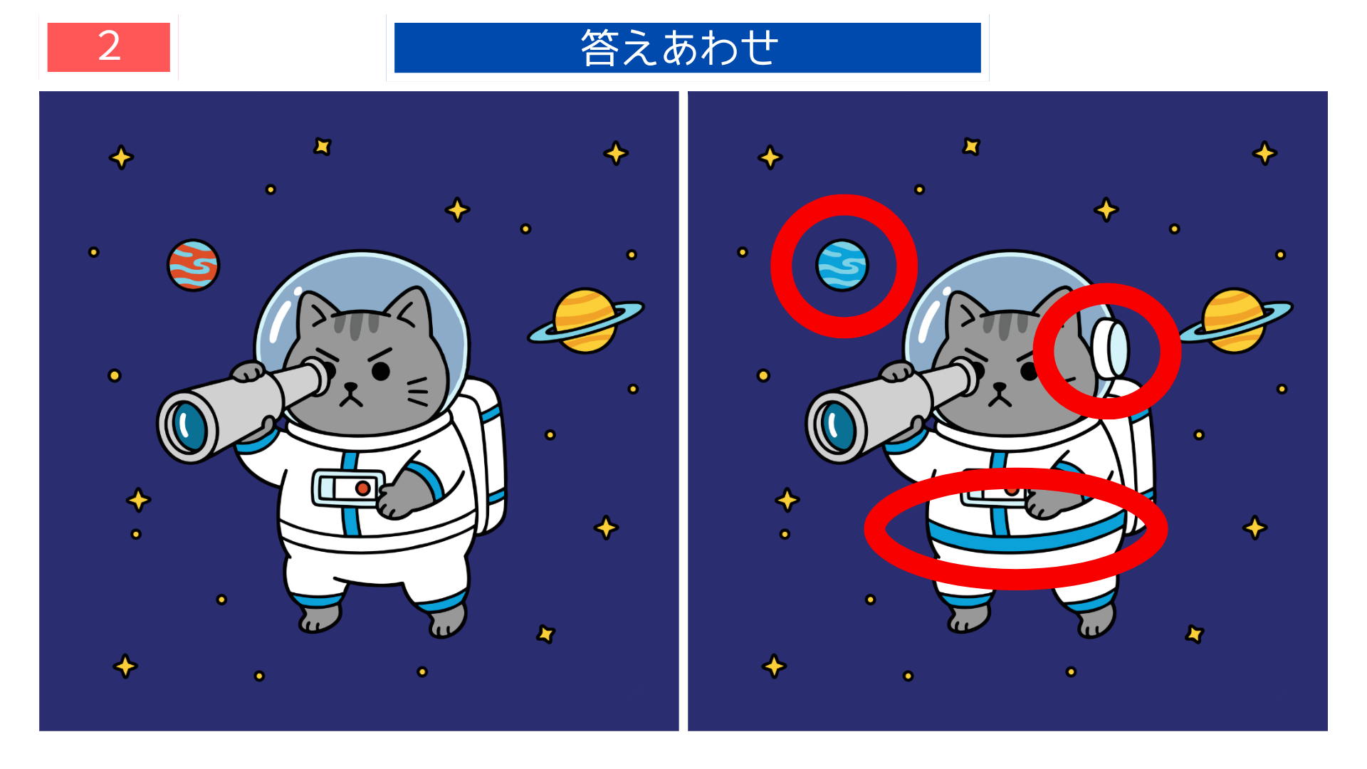 間違い探し脳トレ 宇宙空間の猫イラストの間違い探し答え画像