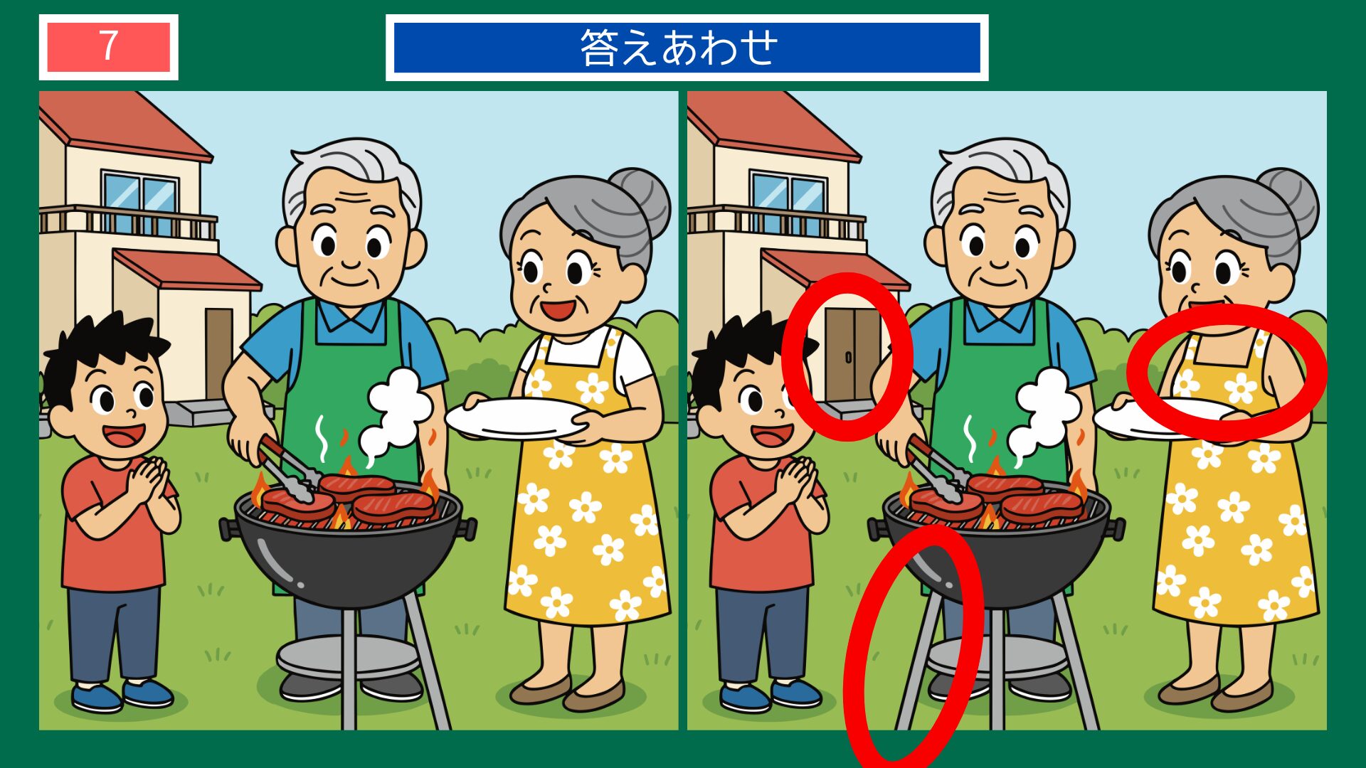 第7問答えあわせ：庭でバーベキューの間違い探し解答