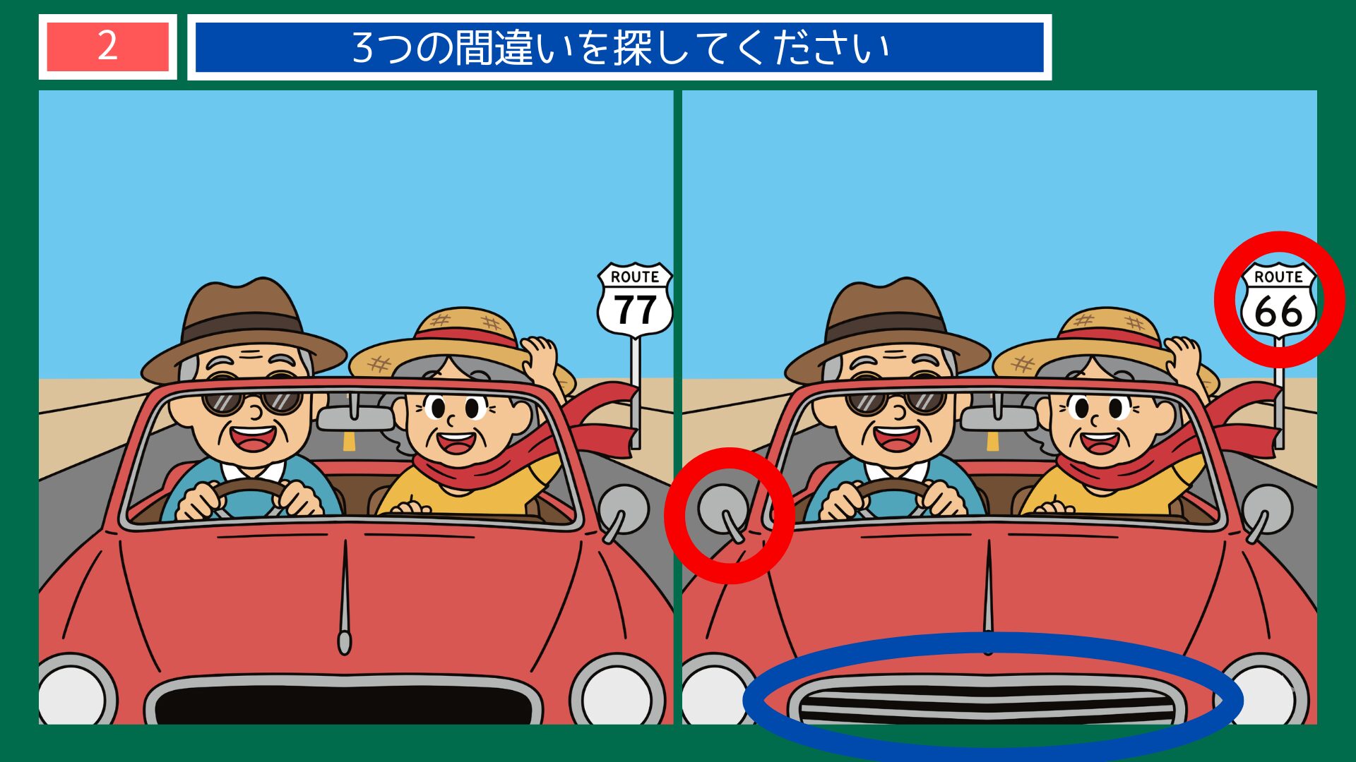 第2問答えあわせ：ルート66ドライブの間違い探し解答