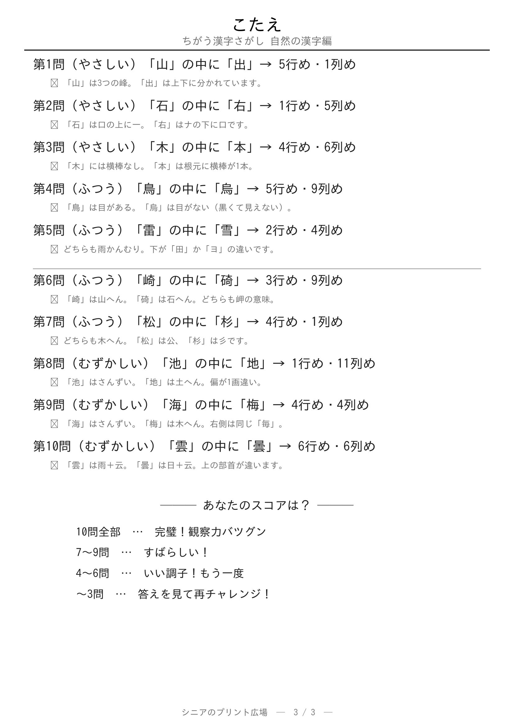 ちがう漢字さがし 自然の漢字編 答えプリント