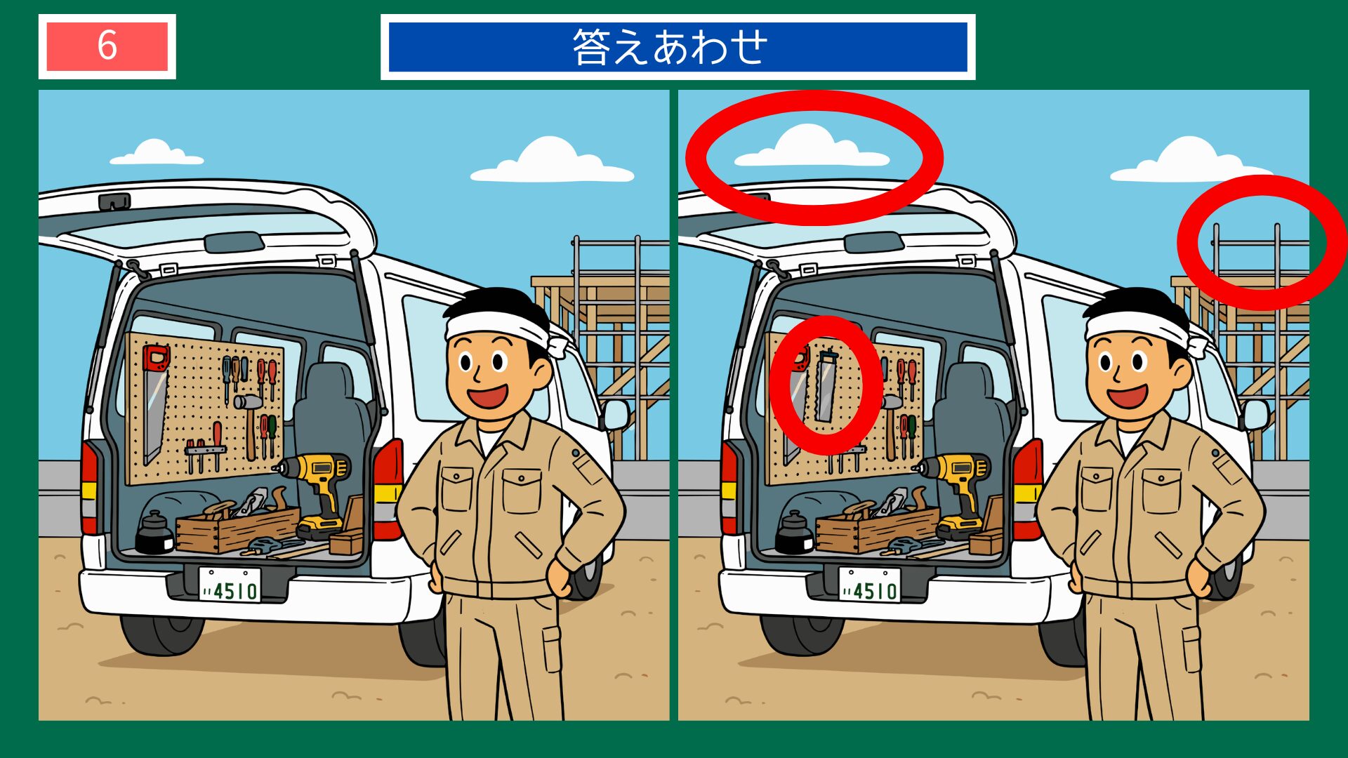 第6問の答えあわせ：軽バンと職人の間違い探し解答