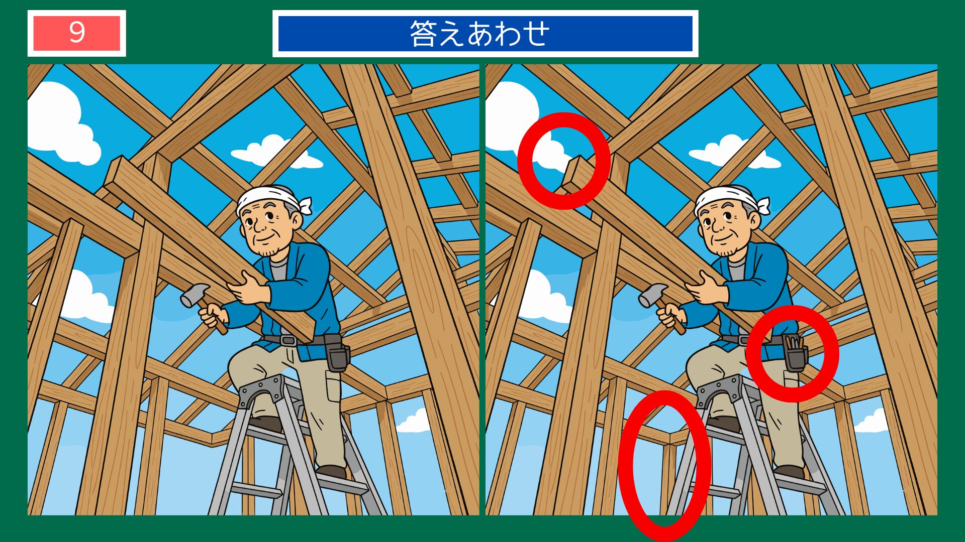 第9問の答えあわせ：骨組みの上で作業する棟梁の間違い探し解答