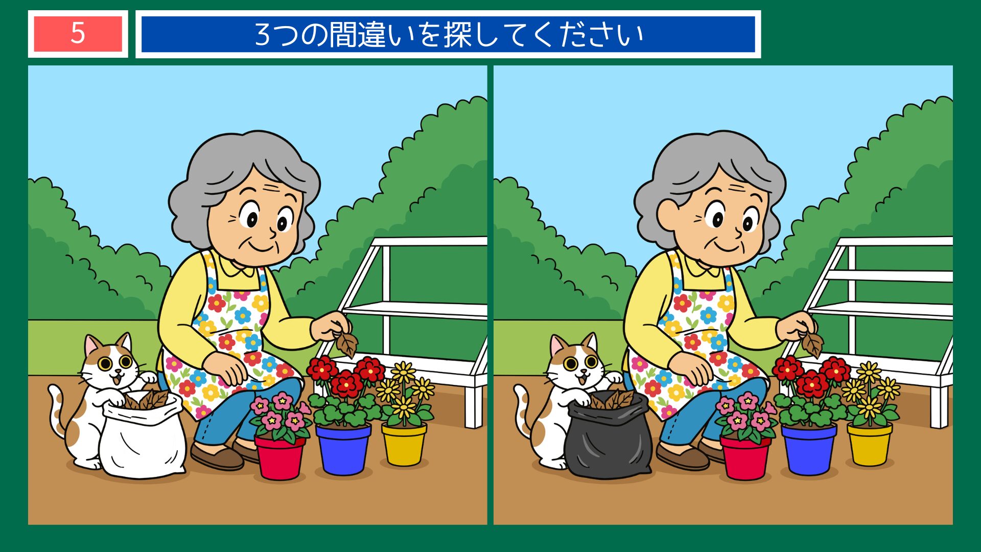 おばあさんがガーデニングをするイラストの間違い探し