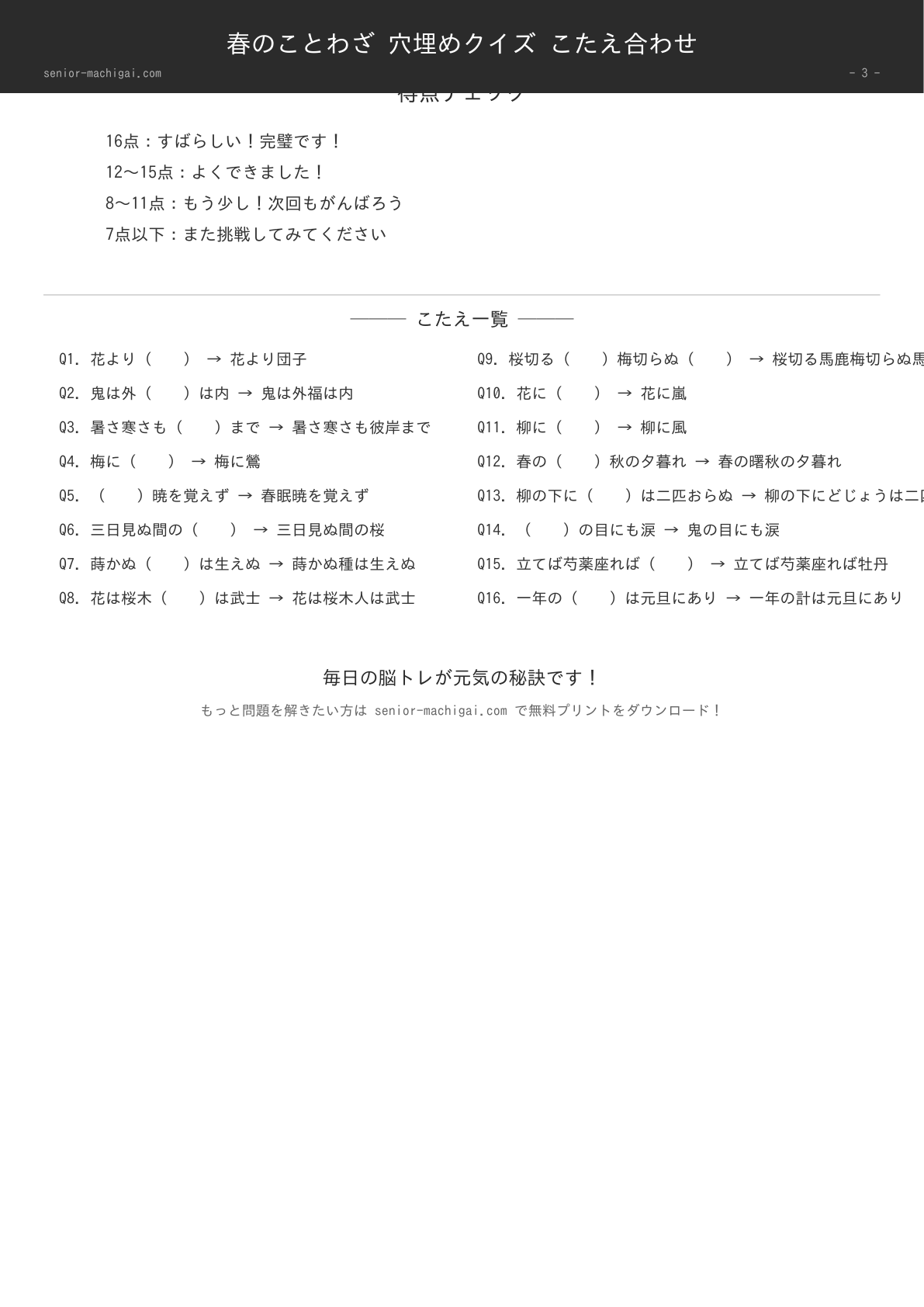 春のことわざ 穴埋めクイズ 高齢者向け 答え合わせ