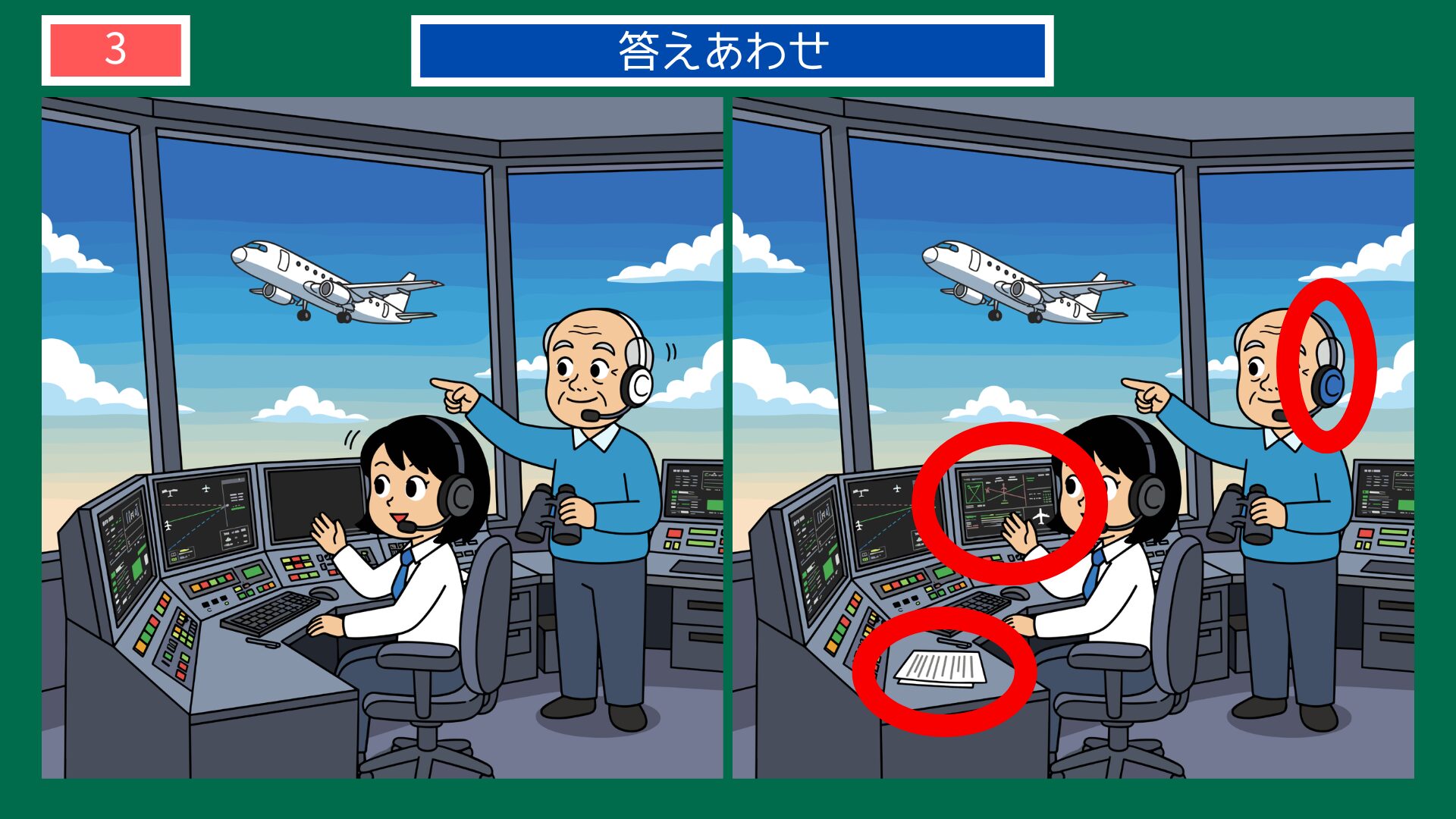 管制塔の航空管制官の間違い探し・答え