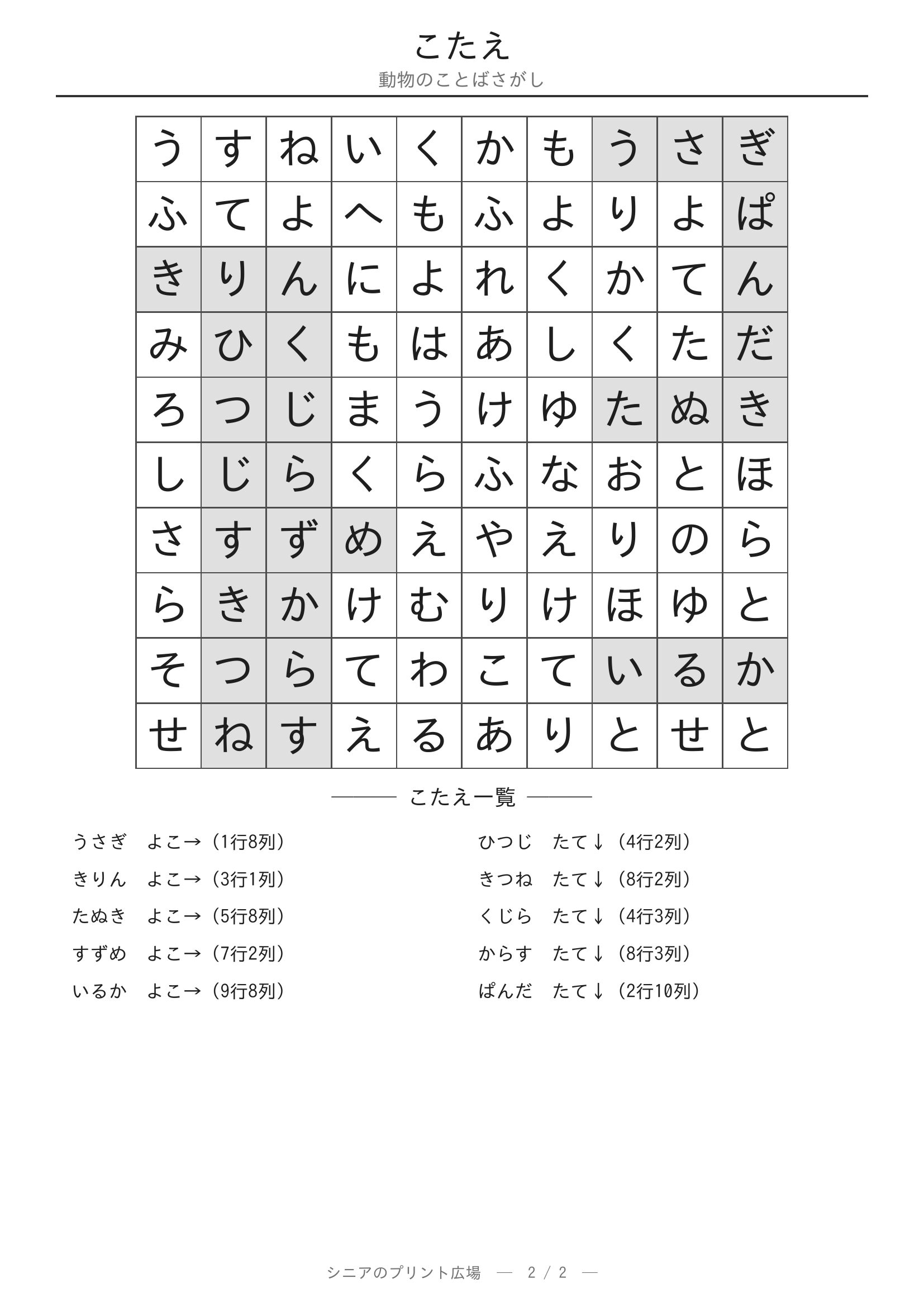 動物のことばさがし 答えプリント