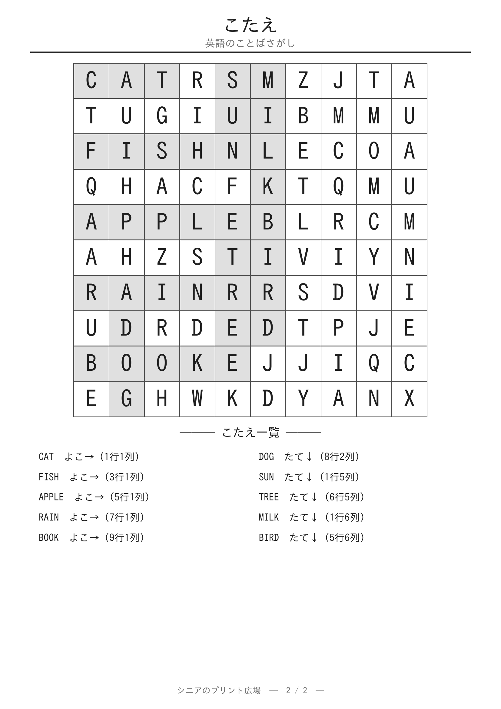 英語のことばさがし 答えプリント