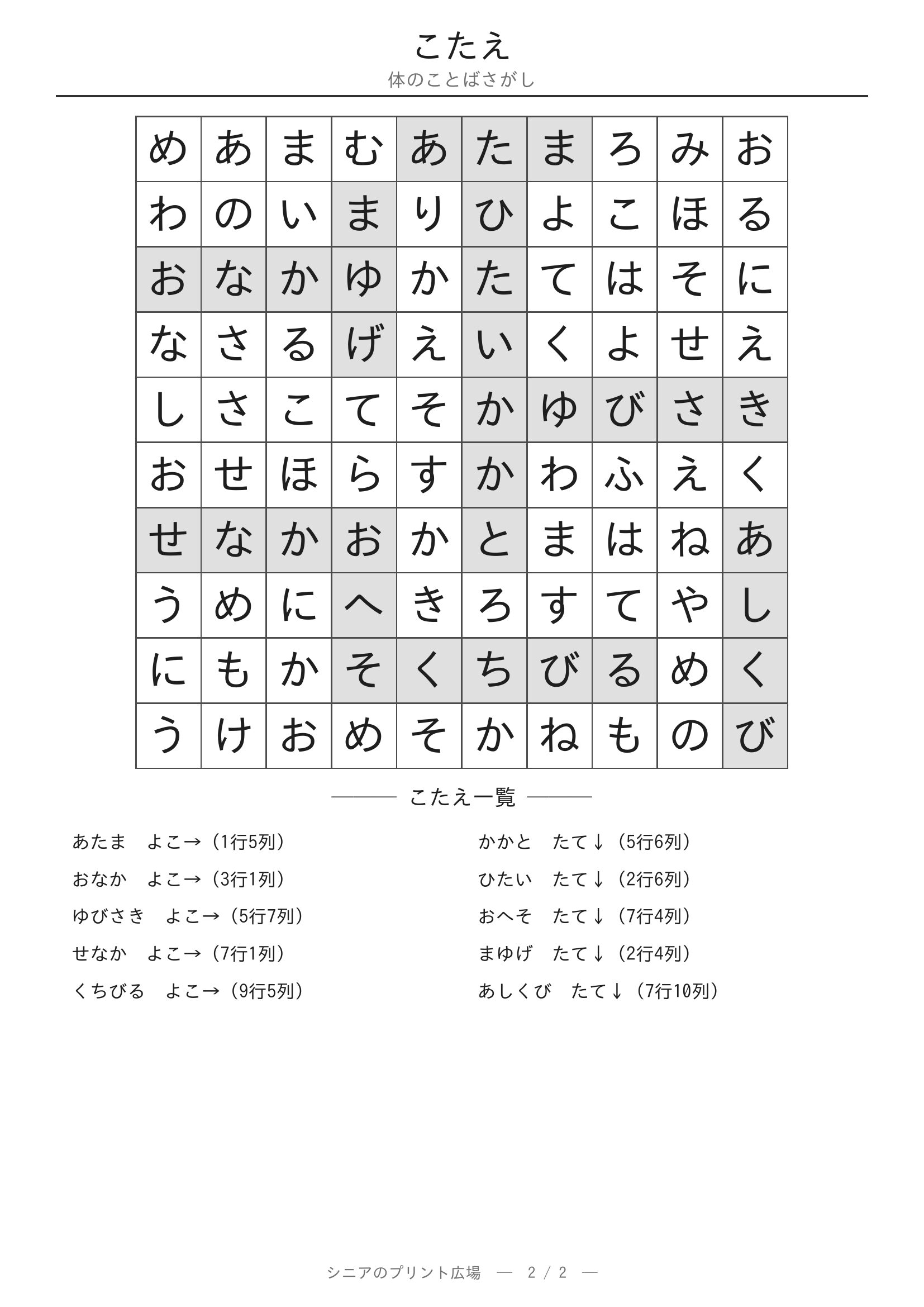 体のことばさがし 答えプリント