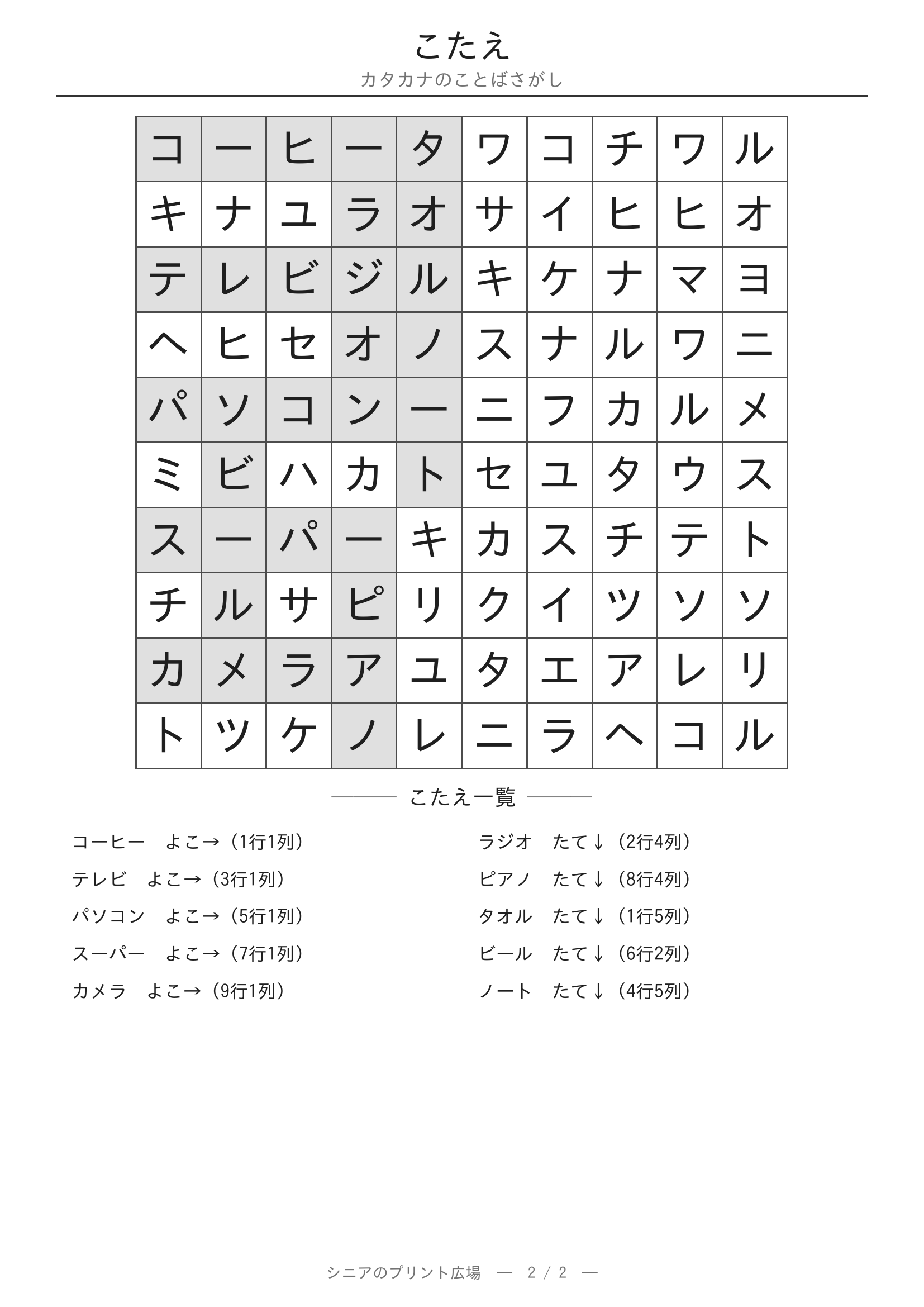 カタカナのことばさがし 答えプリント