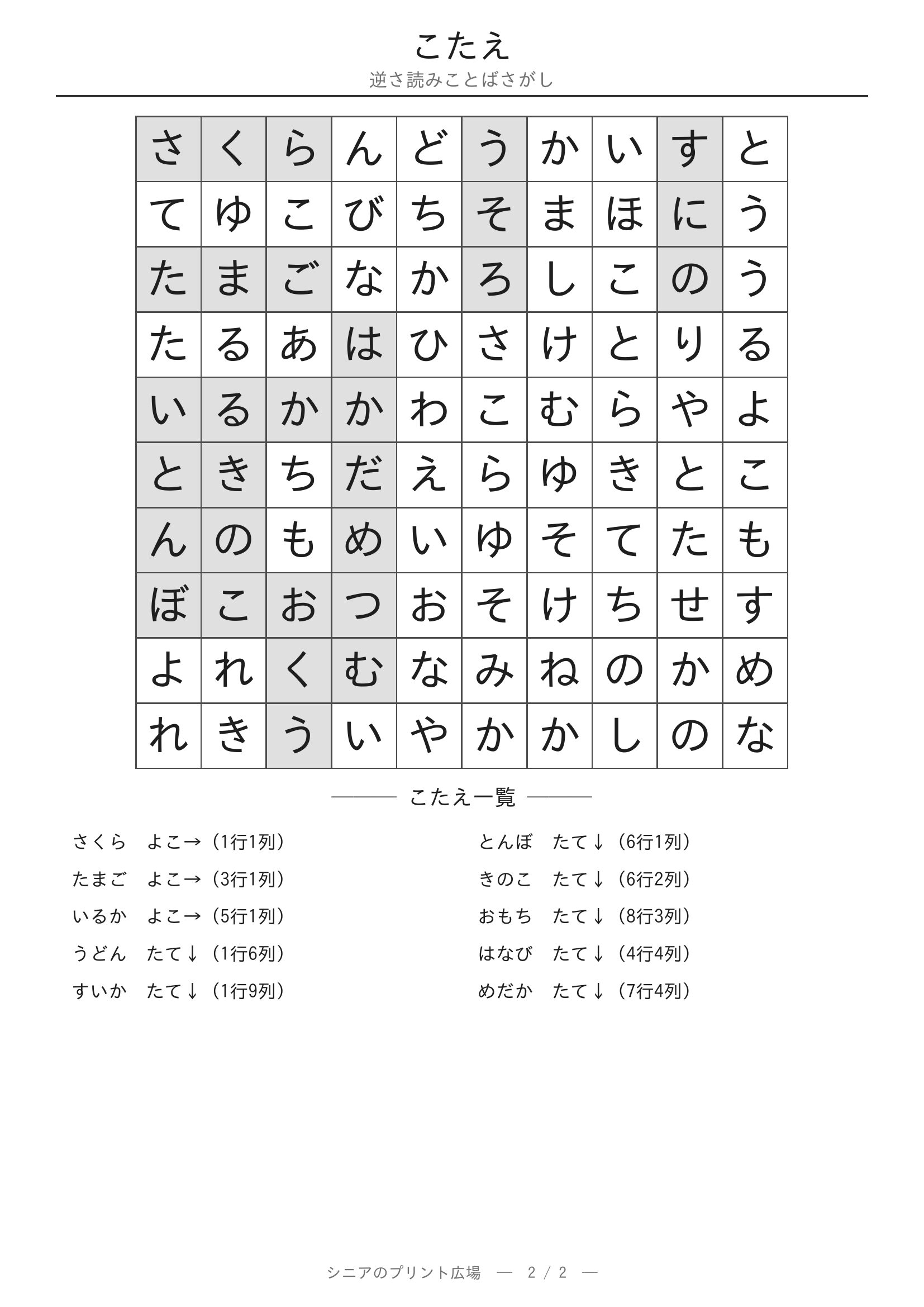 逆さ読みことばさがし 答えプリント