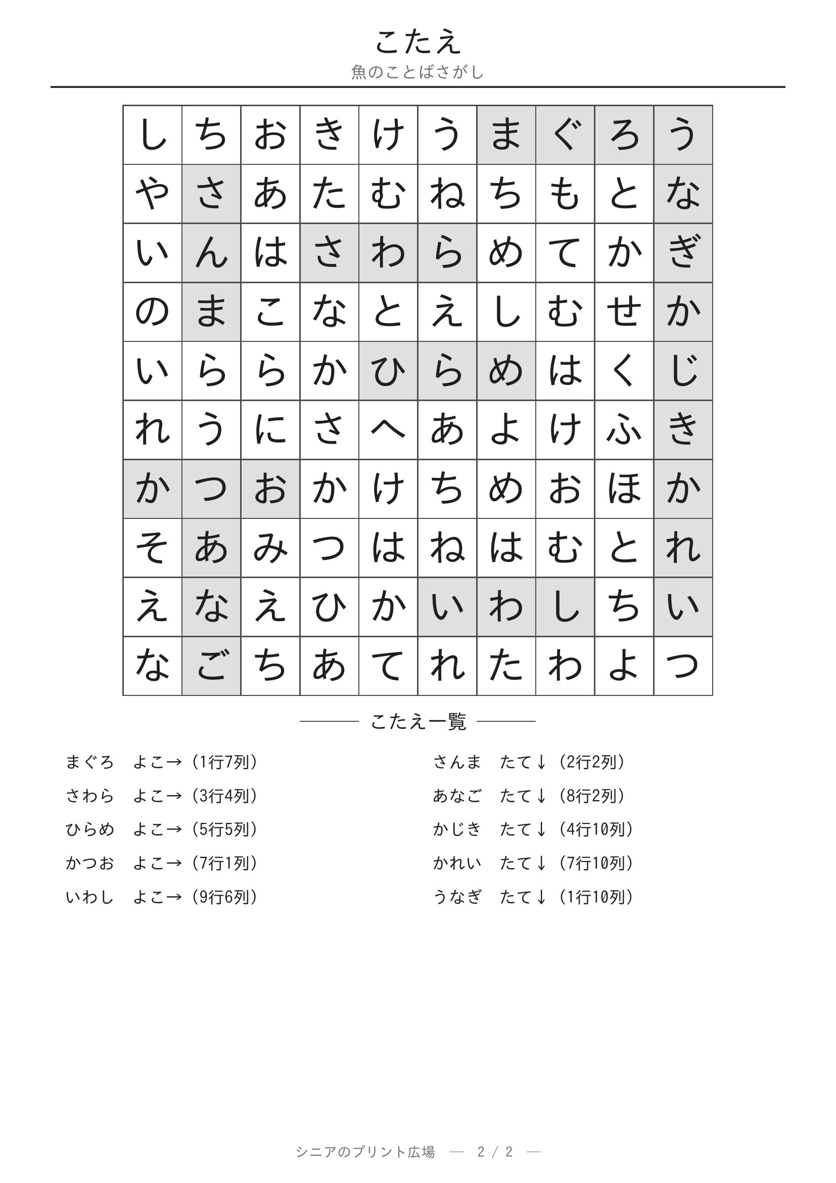 魚のことばさがし 答えプリント
