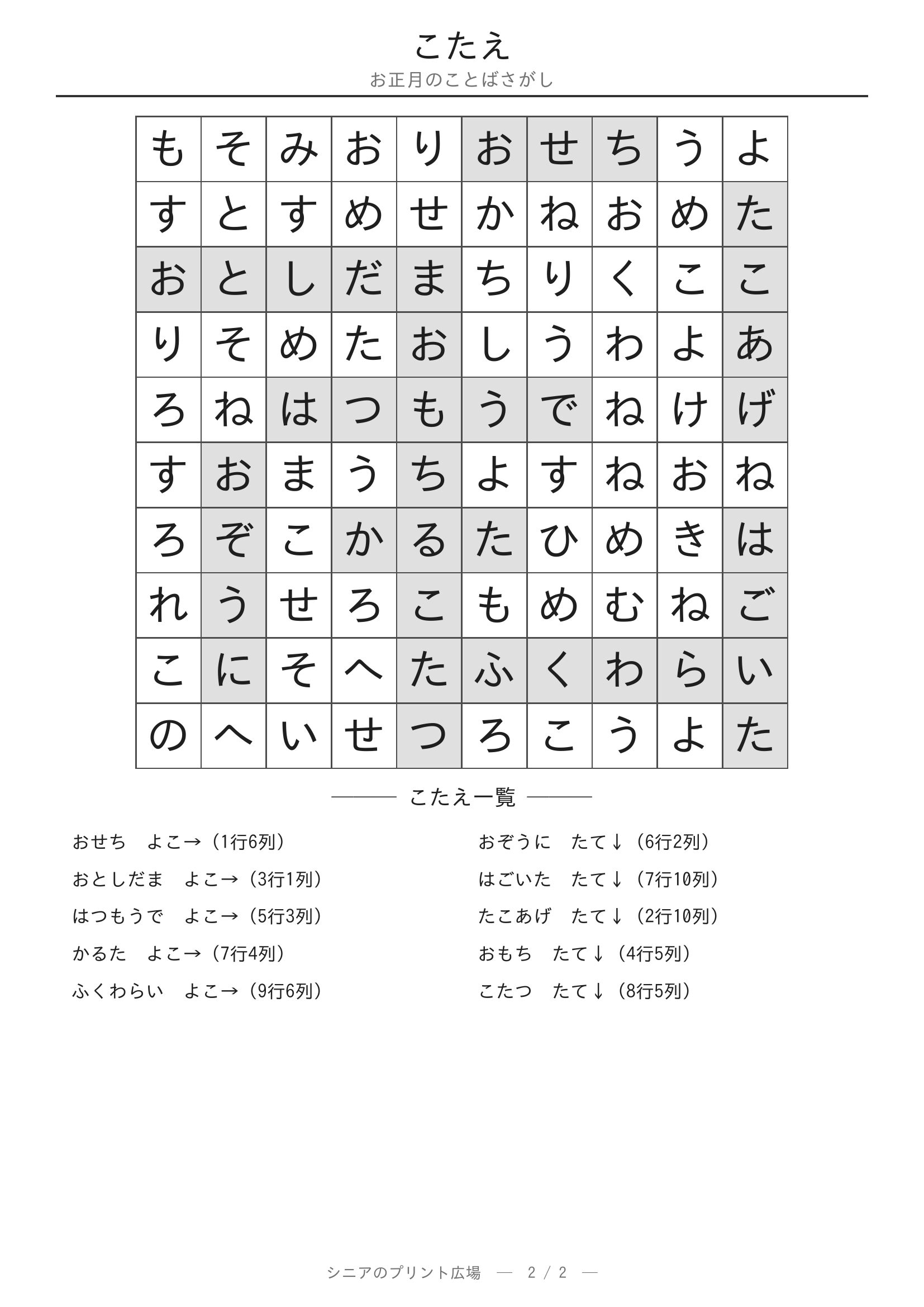 お正月のことばさがし 答えプリント