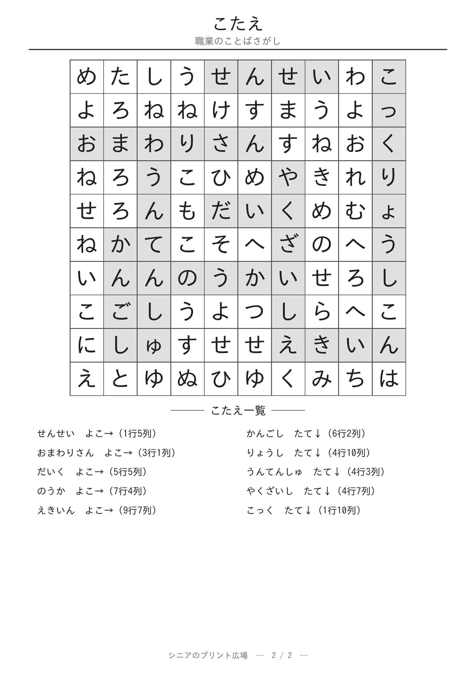 職業のことばさがし 答えプリント