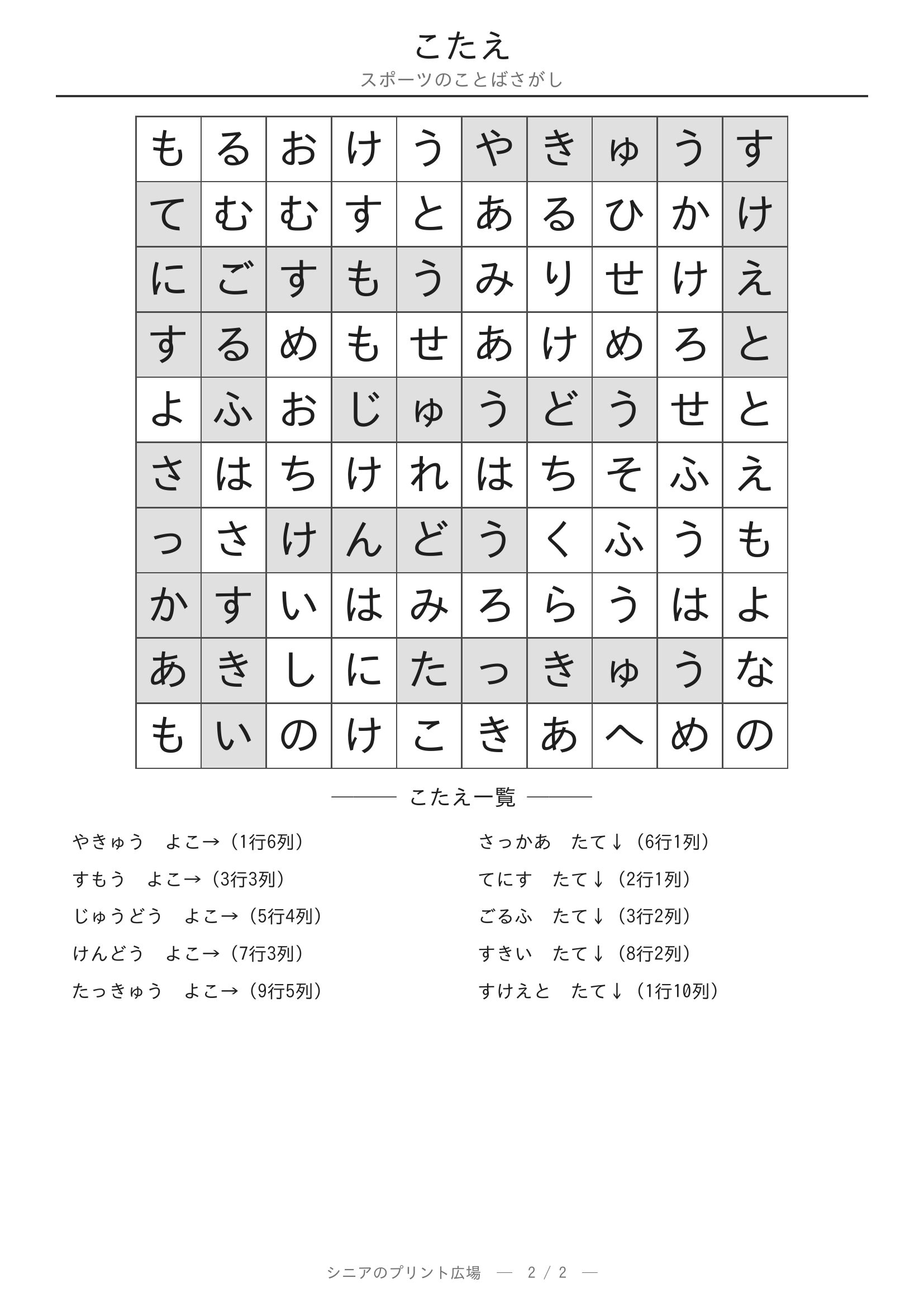 スポーツのことばさがし 答えプリント