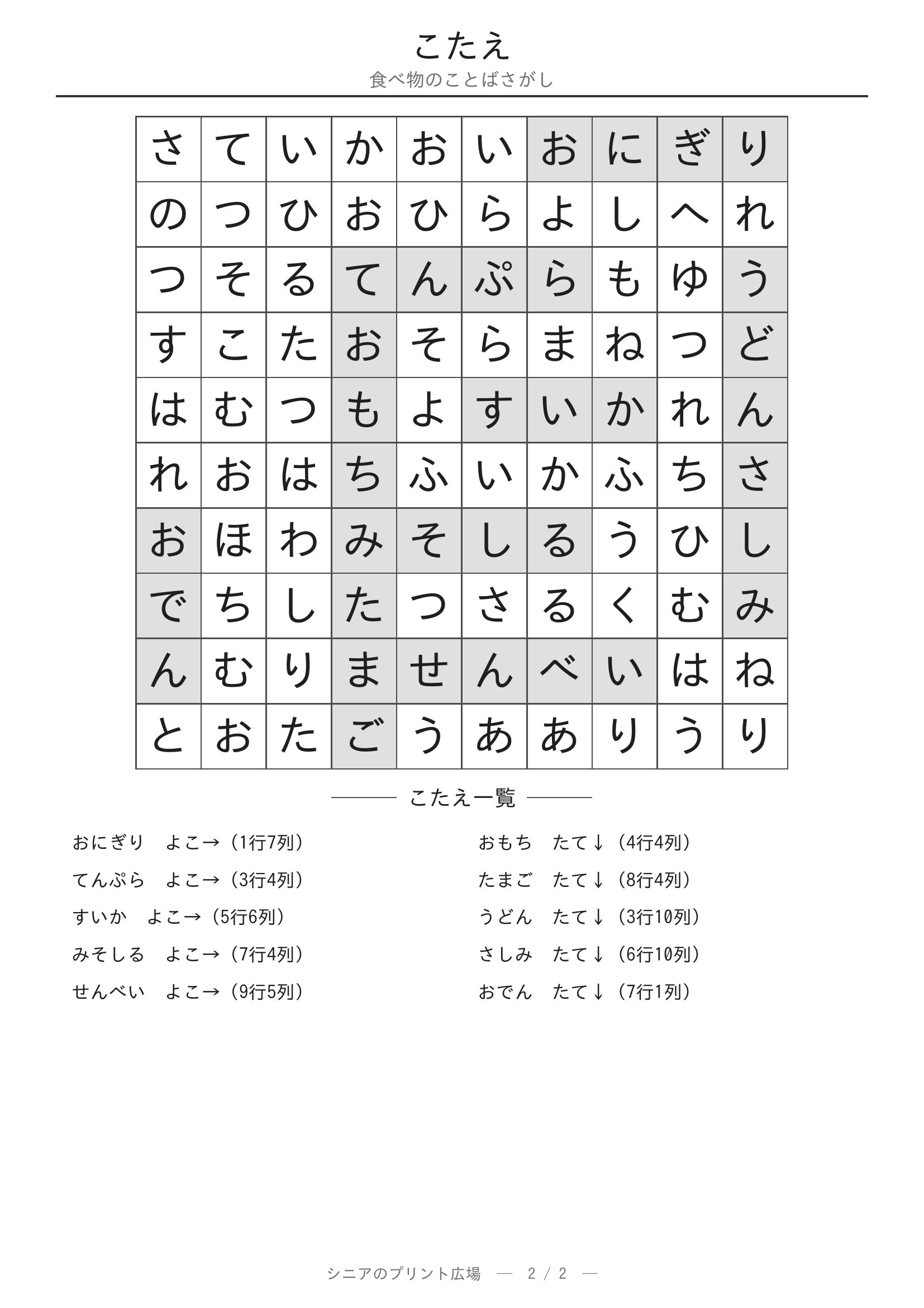 食べ物のことばさがし 答えプリント