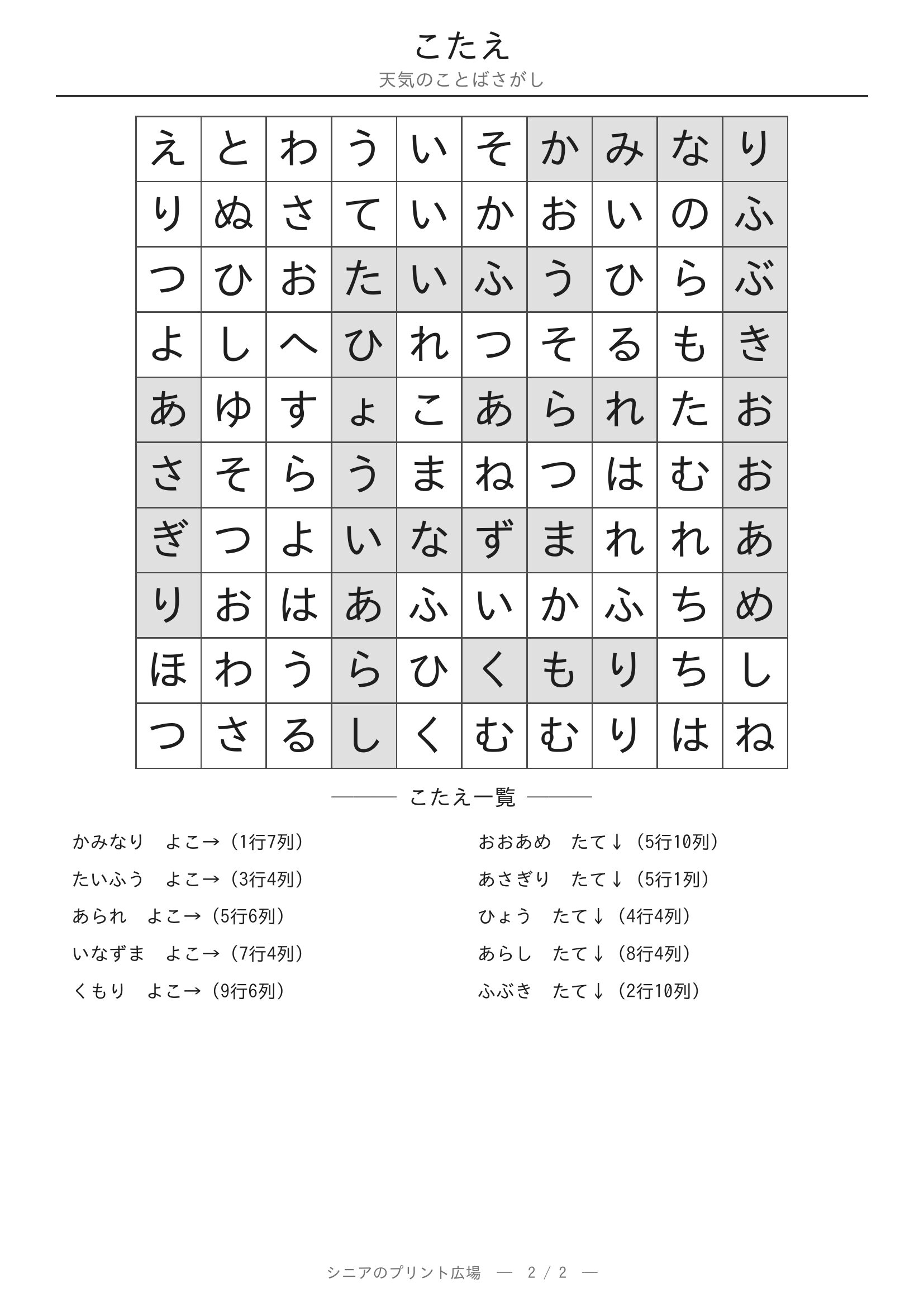 天気のことばさがし 答えプリント