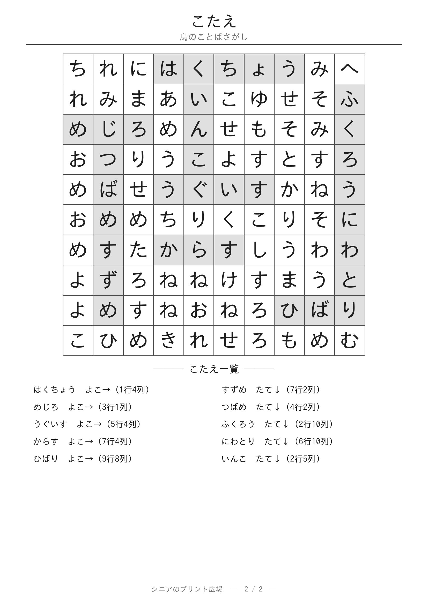 鳥のことばさがし 答えプリント