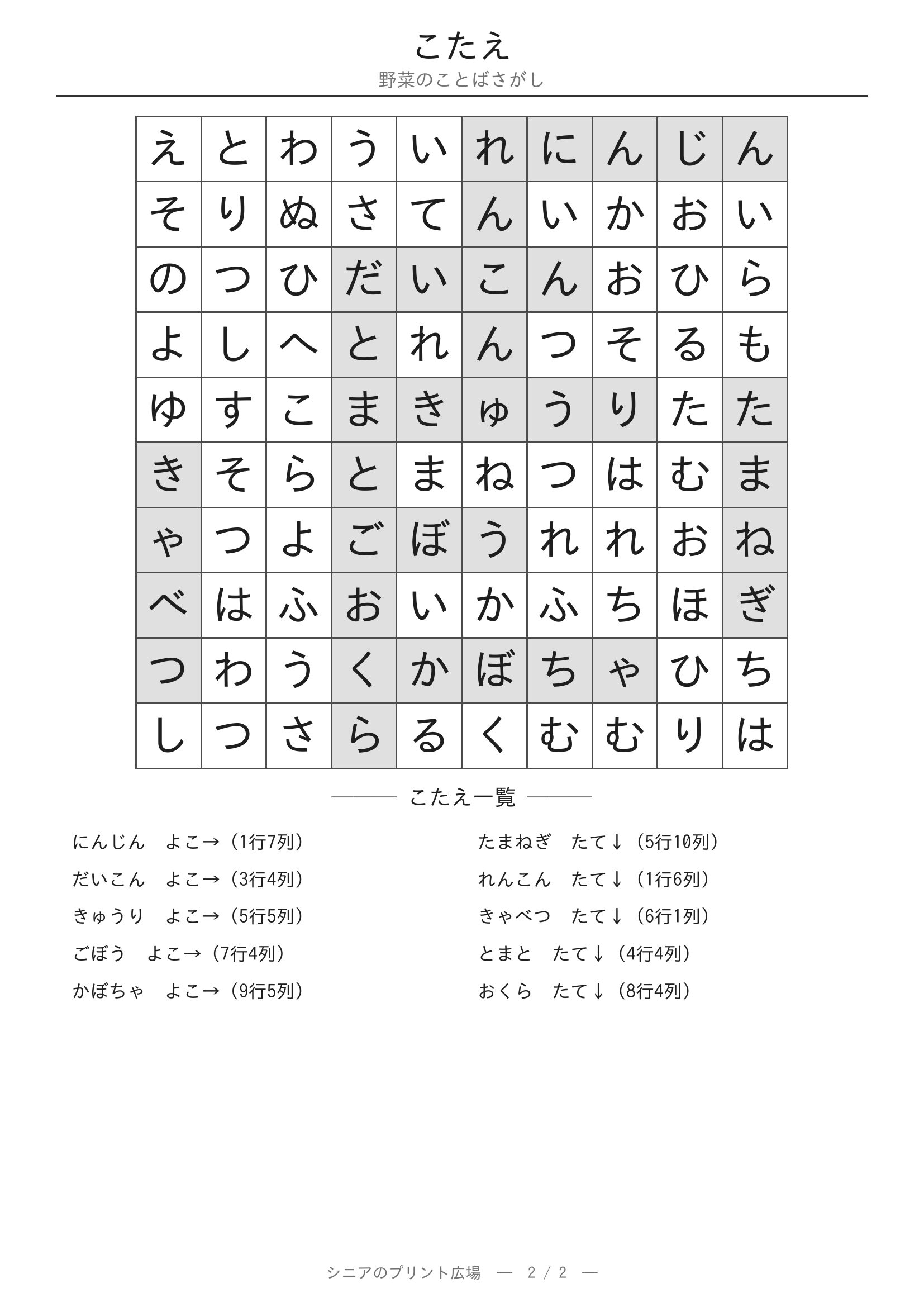野菜のことばさがし 答えプリント