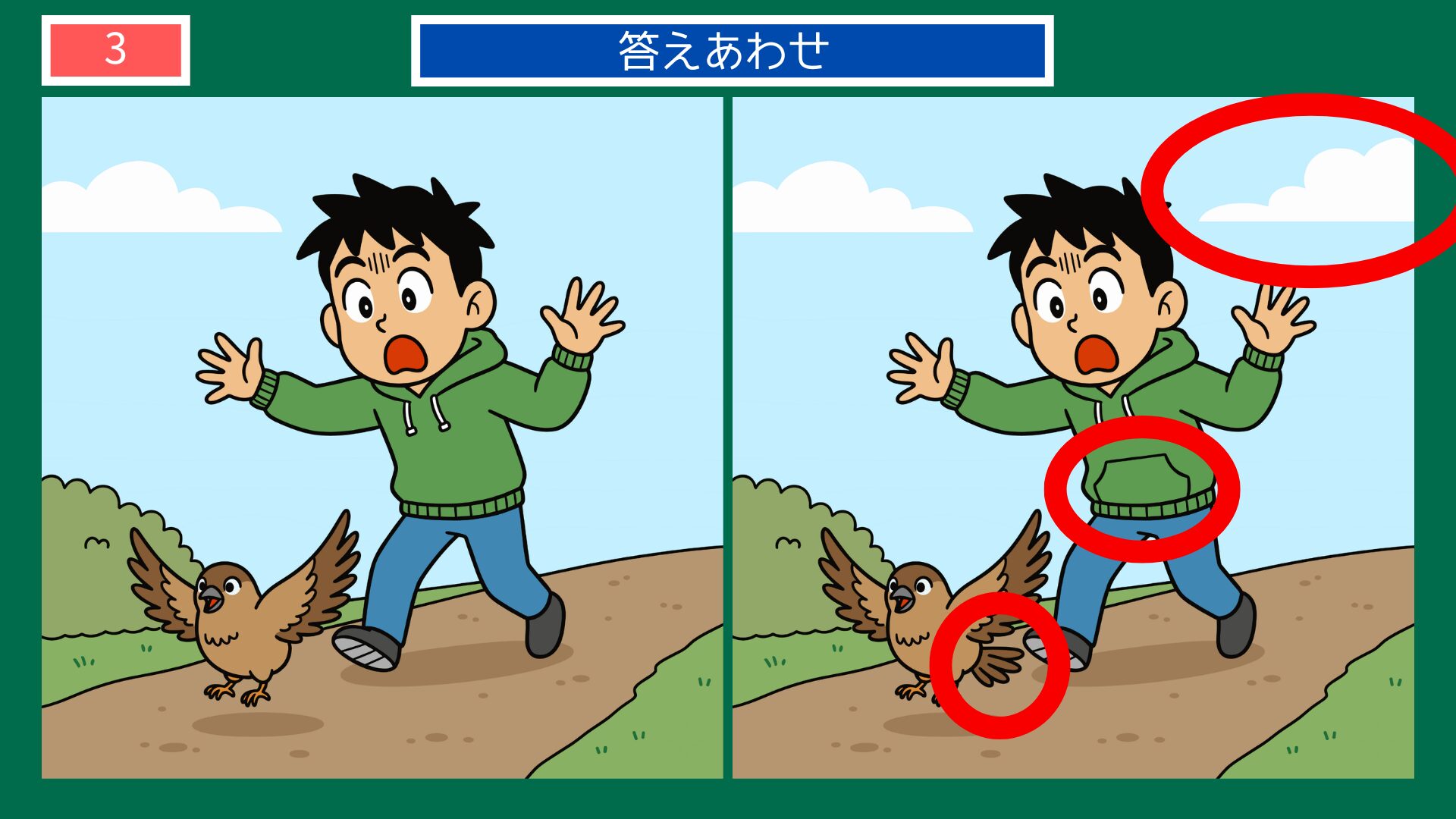 第3問答えあわせ：足元から鳥が立つの間違い探し解答