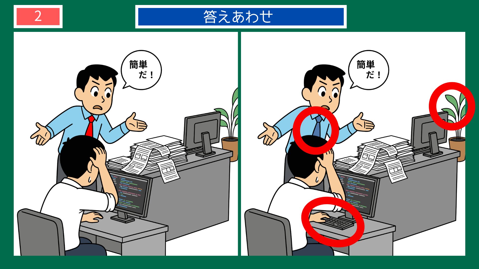 第2問の答えあわせ：言うは易く行うは難しの間違い探し解答