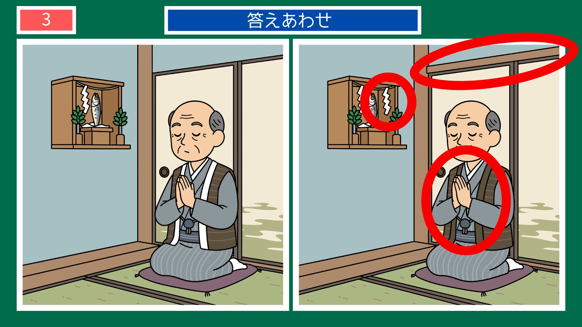 第3問の答えあわせ：鰯の頭も信心からの間違い探し解答