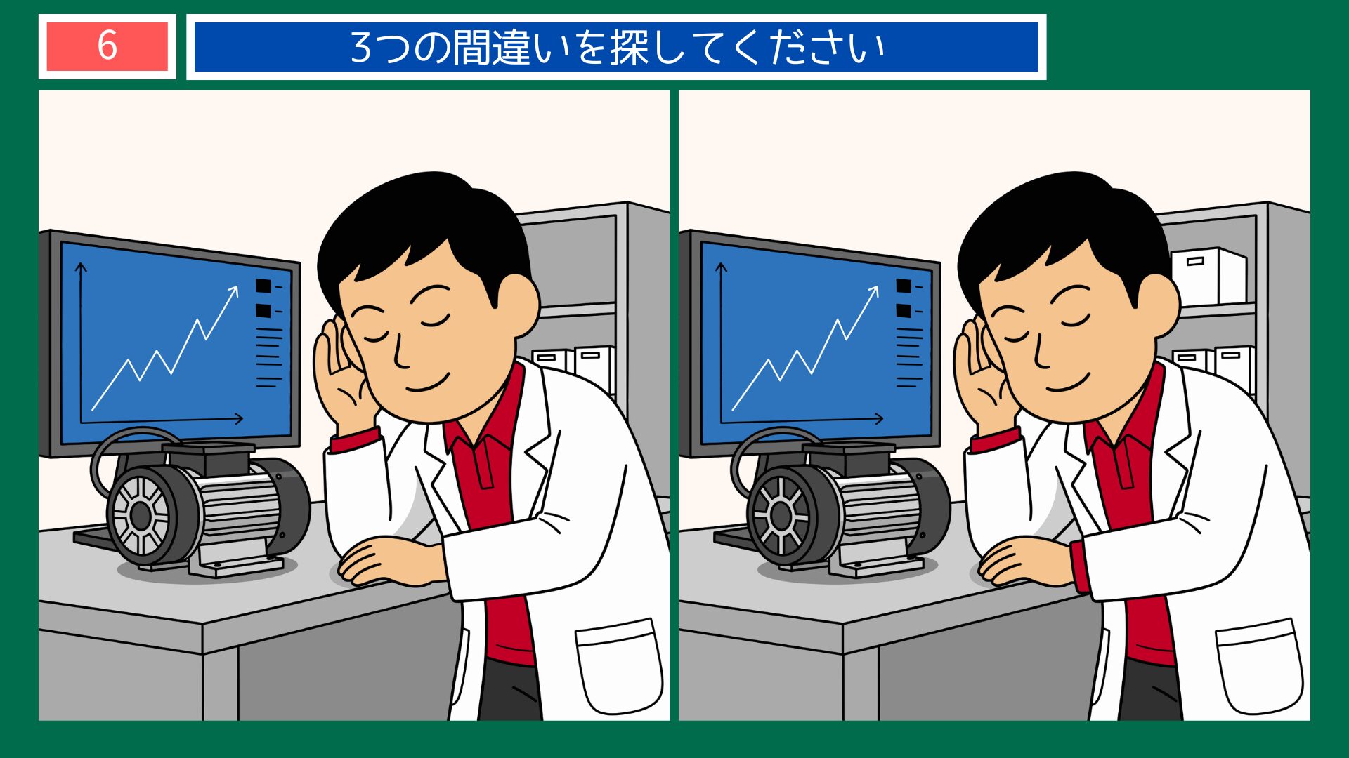 第6問：研究室でエンジン音を聞く技術者の間違い探し