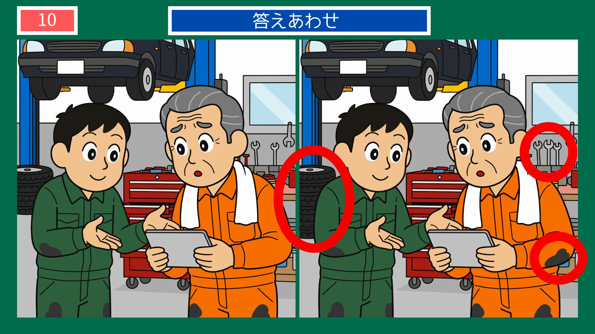 第10問の答え：若手整備士とベテランの協力シーン