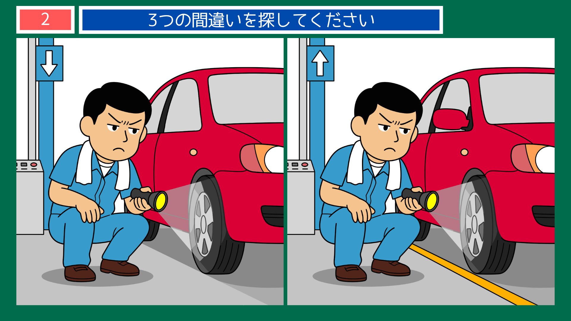 第2問：懐中電灯で車を点検する整備士の間違い探し