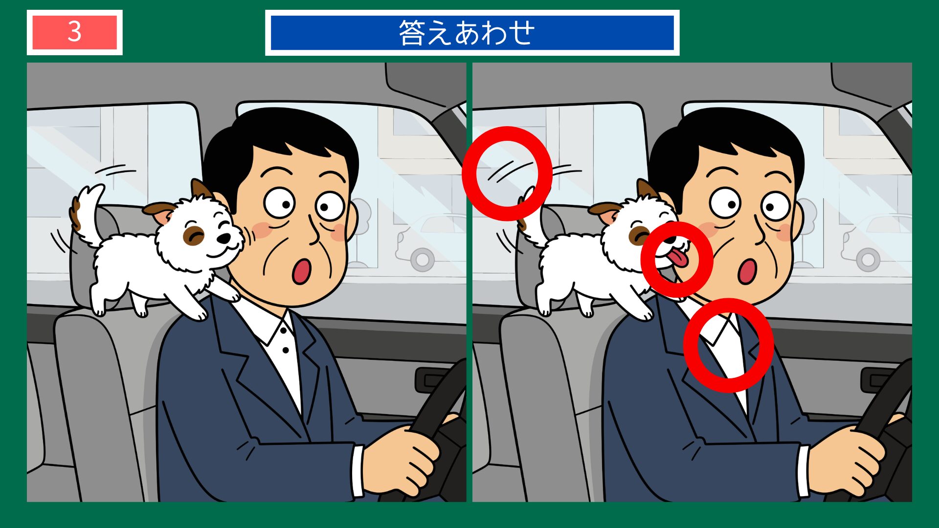 第3問の答え：車内で犬にじゃれつかれるドライバー