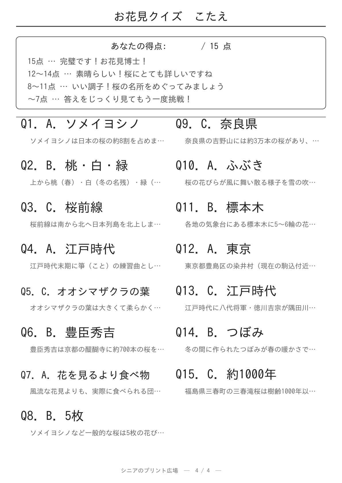 お花見クイズ 答えページ