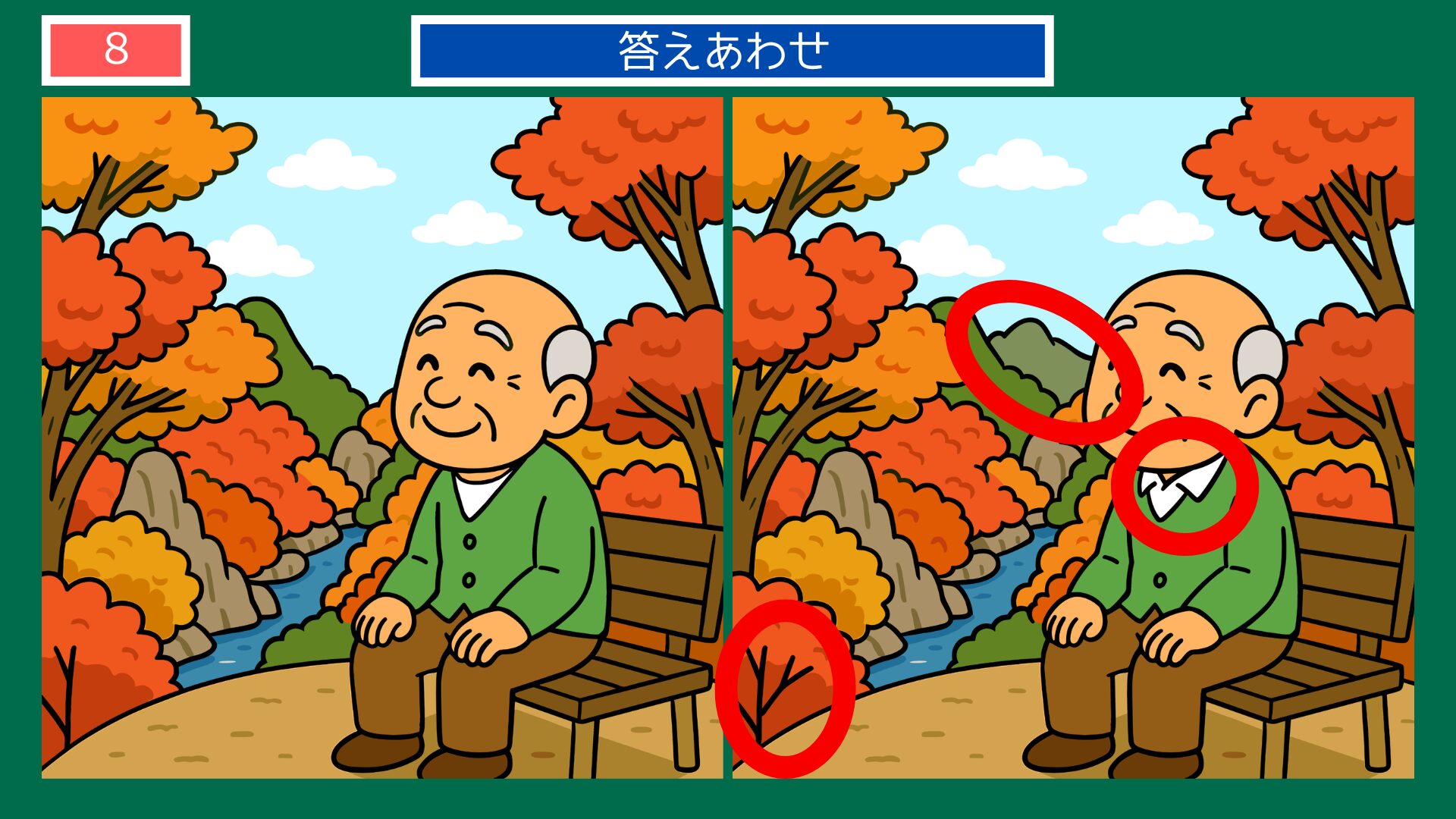 大分県の間違い探し 第8問 耶馬渓の紅葉の答え